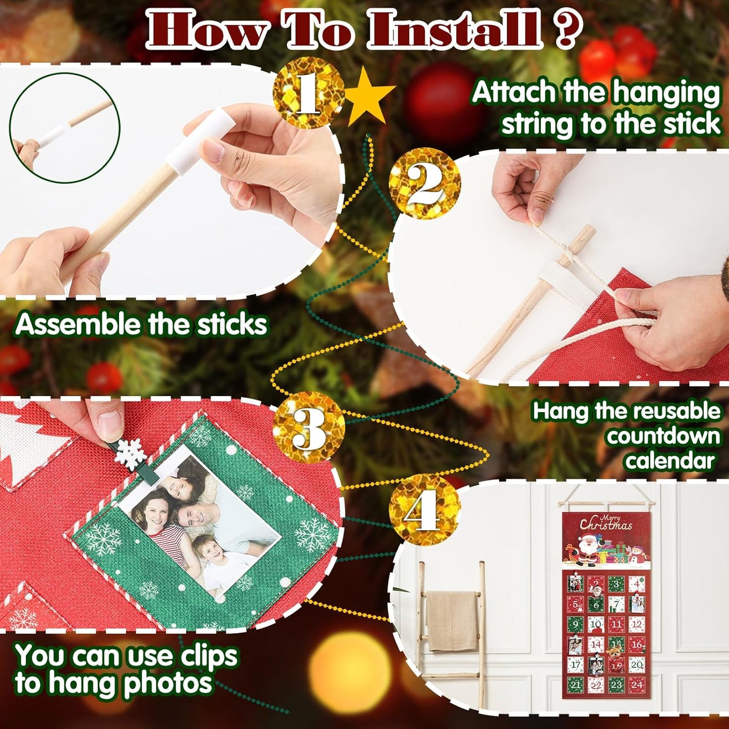 Weysat Christmas Fabric Advent Calendar - Reusable 24-Day Countdown Wall Hanging with Pockets & Clips | Santa Claus Design