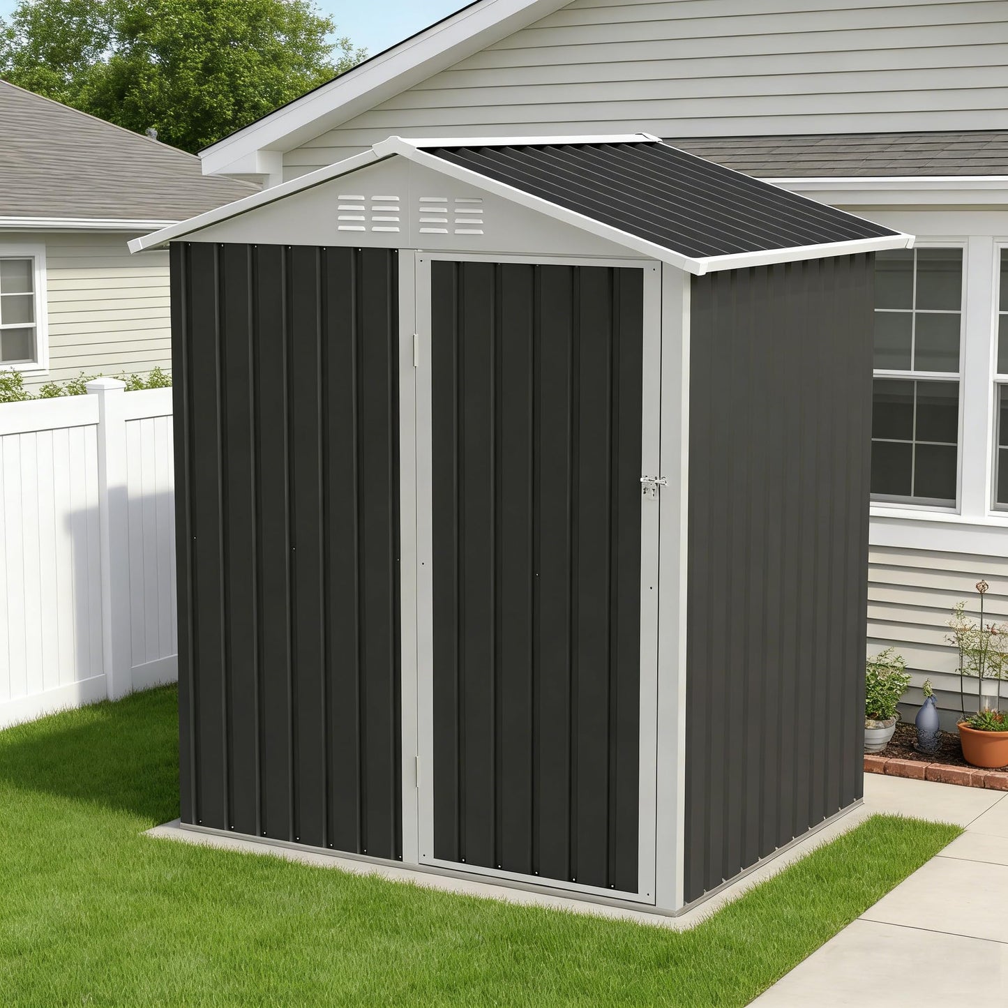 YOPTO 5.4x4.27 FT Outdoor Storage Shed, Metal Garden Tool Shed with Sloping Roof and Lockable Doors for Backyard Garden Patio Lawn, Grey