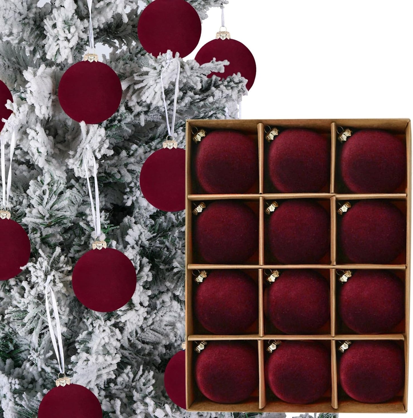 Skiennix 12PCS Velvet Christmas Tree Ornaments - 2.4-Inch Shatterproof Burgundy Balls for Holiday Decor