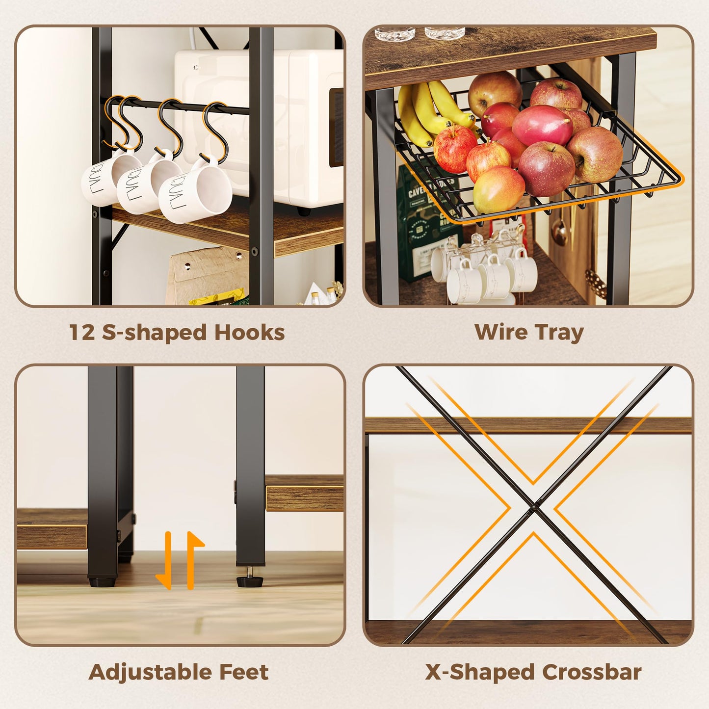 SUPERJARE Large Bakers Rack with Power Outlets, 6-Tier Microwave Stand, Coffee Bar with 12 S-Shaped Hooks, Kitchen Shelf with Wire Basket, 39.4 x 14.6 x 66.9 Inches, Rustic Brown