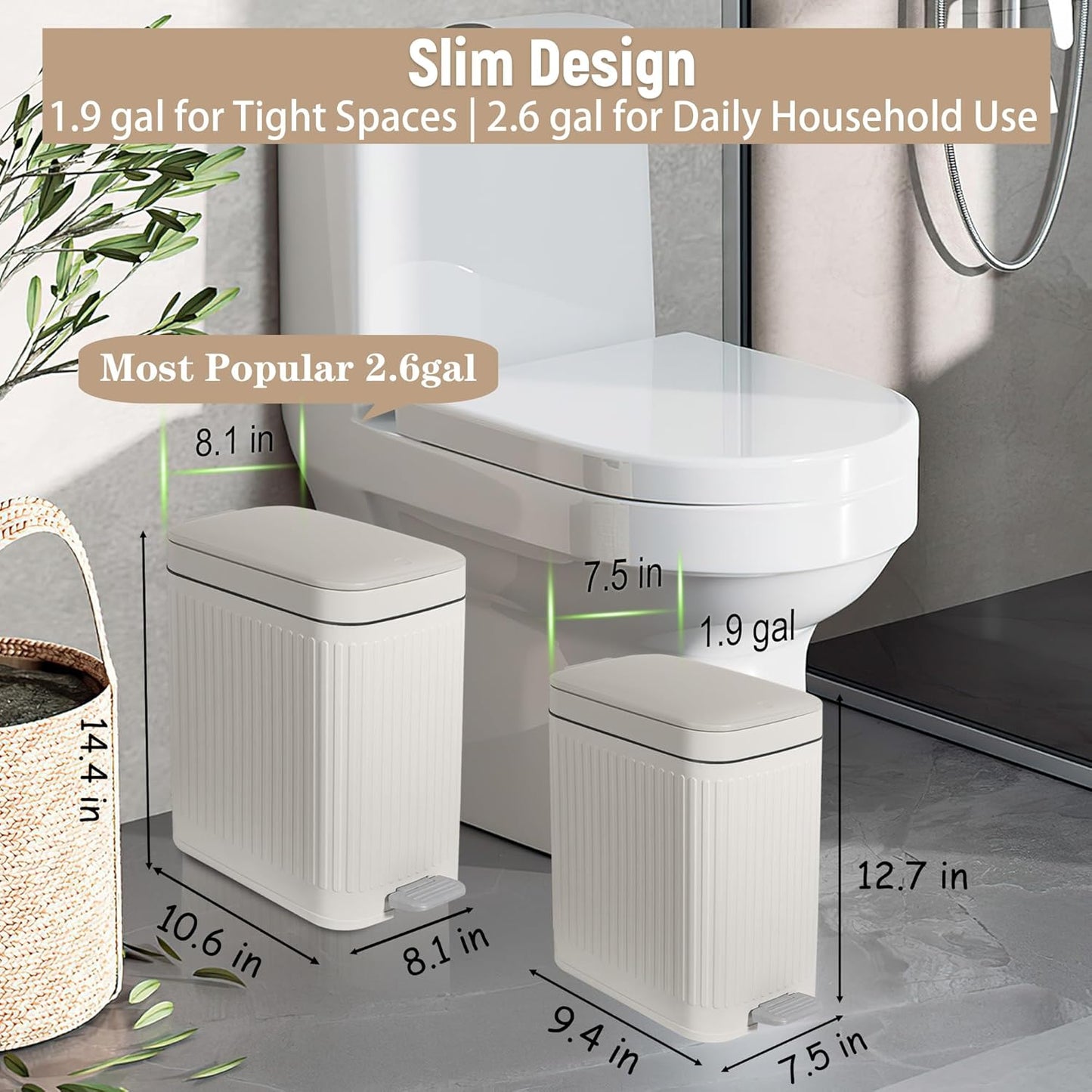 Rejomiik Small Bathroom Trash Can - Slim Soft Close Lid Wastebasket | 1.9 Gallon Cream Color