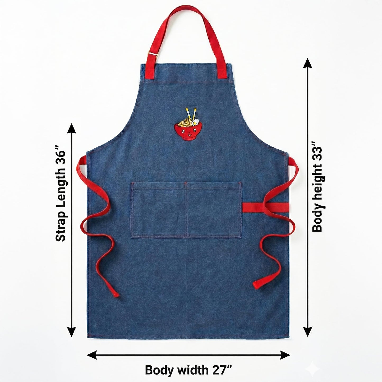 Denim Blue Kitchen Apron with Attached Red Terry Towel – 100% Cotton Denim Chef Apron for Men & Women with 2 Pockets, Adjustable Neck & Long Ties – Durable Barista, BBQ & Cooking Apron