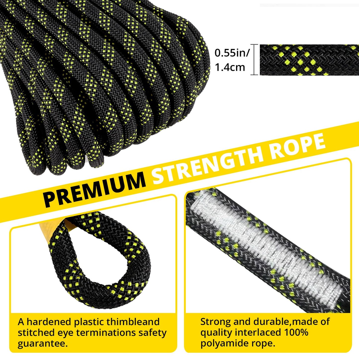 TRSMIMA Rope Harness Safety Lanyard：50ft Vertical Roofing Rope with Grab Snap Hooks Shock Absorber - Fall Protection Tree Climbing Line Kit Heavy Duty Roof Safety Equipment ANSI CE