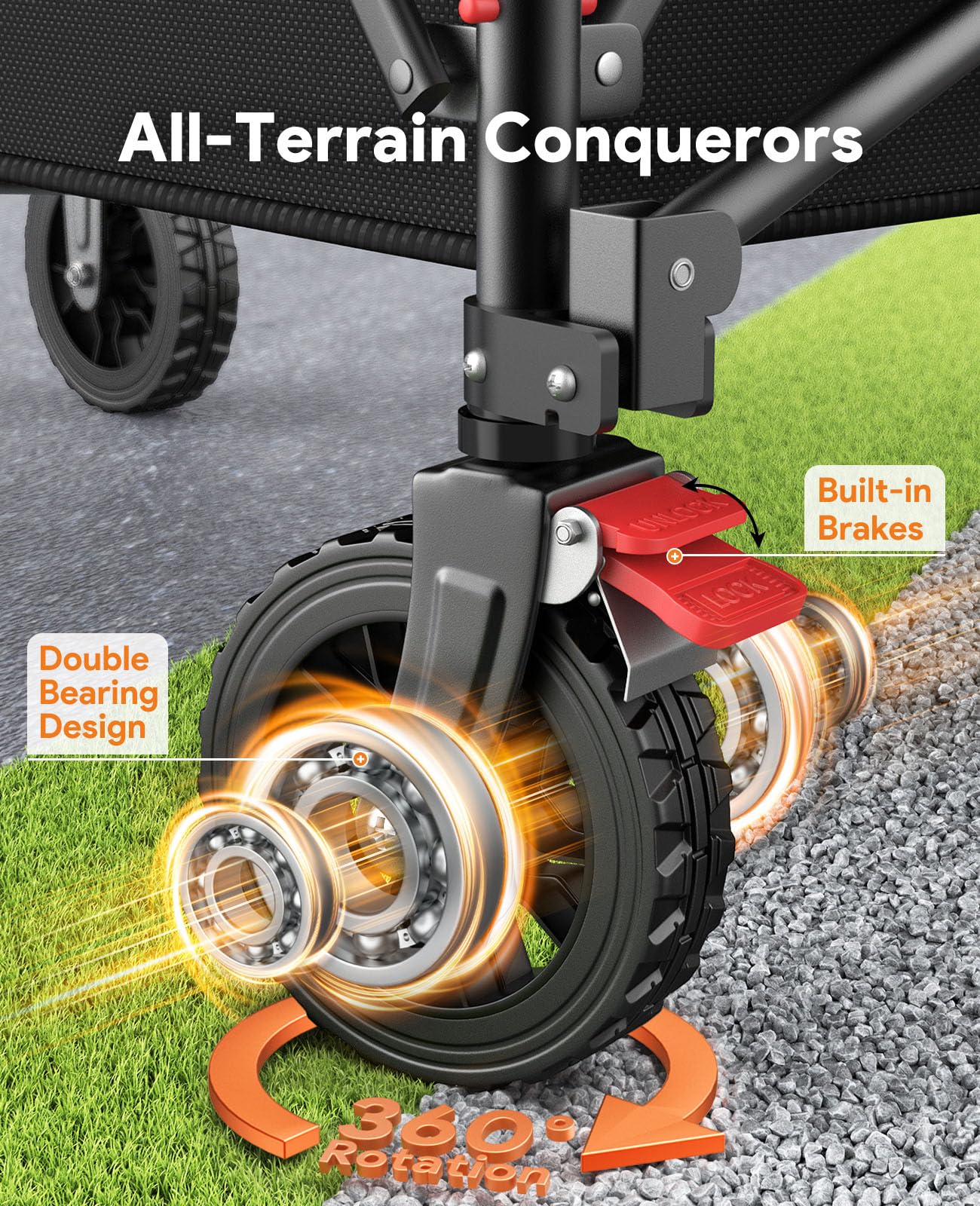 Collapsible Foldable Wagons with Wheels, 440lbs Capacity Wagons Carts Foldable, Utility Wagon Carts with Brakes for Grocery, Camping, Sports