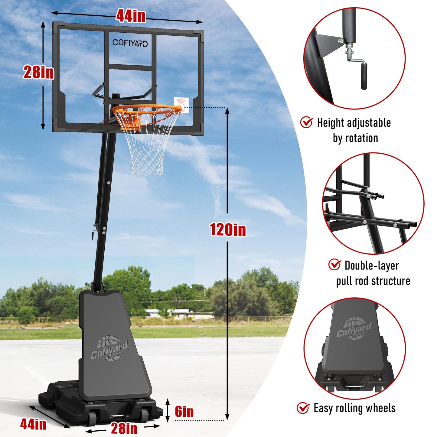 Cofiyard Basketball Hoop Outdoor with 44&48&54In Shatterproof Backboard, 5.25-10FT Height Portable Basketball Hoop with Sandbag, Adjustable Basketball Goal System