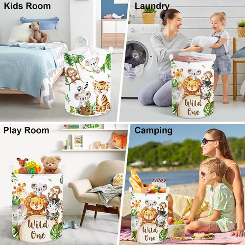 Clastyle 45L Large White Jungle Animals Elephant Kid Laundry Hamper with Handle Collapsible Lion Koala Giraffe Clothes Toy Storage Basket with Lid for Nursery