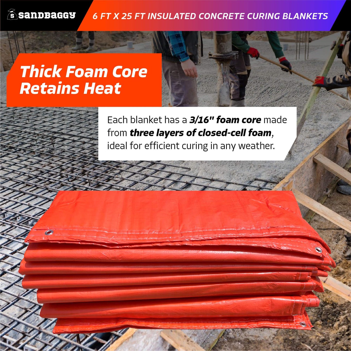 Sandbaggy Concrete Blankets Insulated 6 ft x25 ft with Grommets (max R-Value 3.35) - Waterproof, UV Resistant - Concrete Curing Tarp, Cement (2, 6 ft x 25 ft)