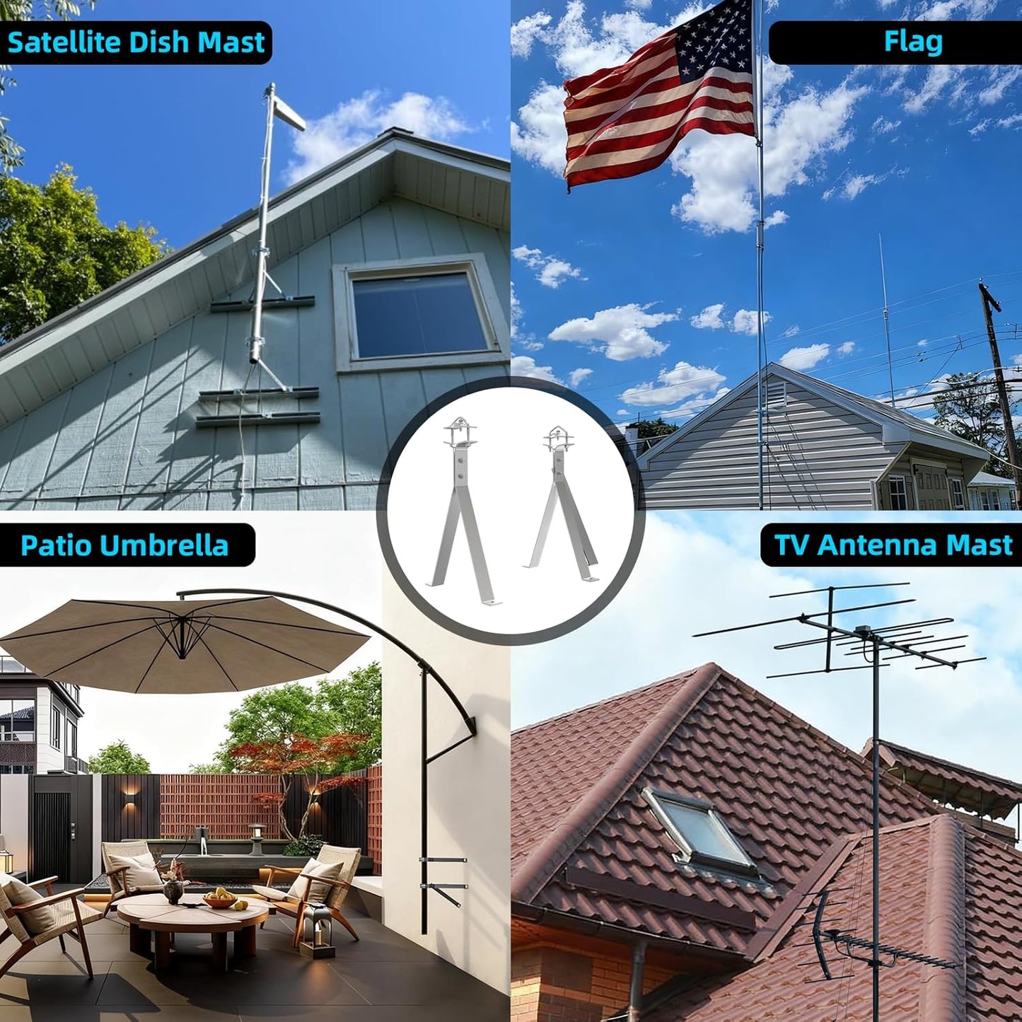 12" 2 Heavy-Duty Antenna Mount Bracket, Adjustable Antenna Mast Mount, Waterproof Wall Mount Pair for TV Antenna Mast