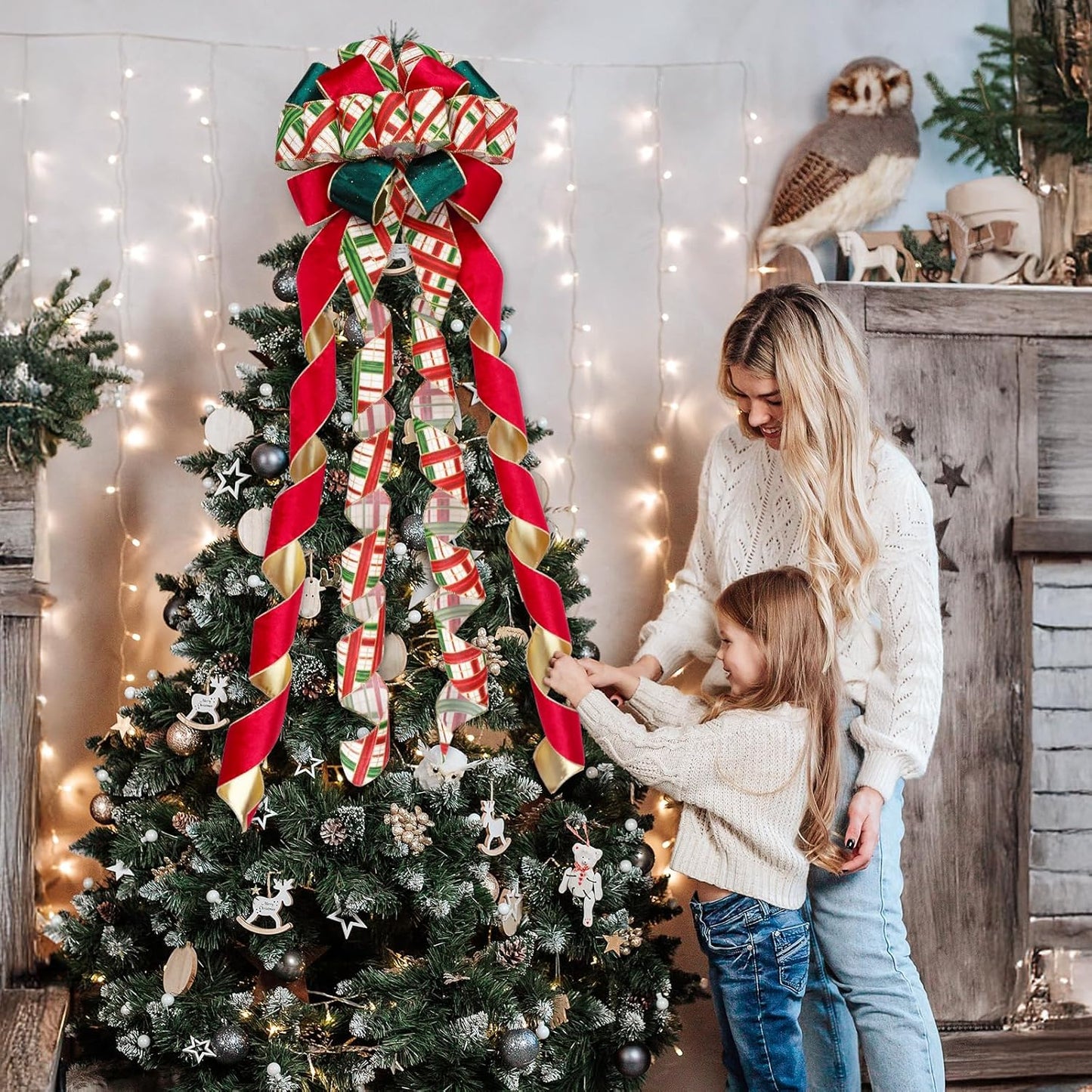 Skiennix Christmas Tree Topper Bow - 13" Large Velvet Red & Green Buffalo Plaid Decoration for Holiday & Festive Parties