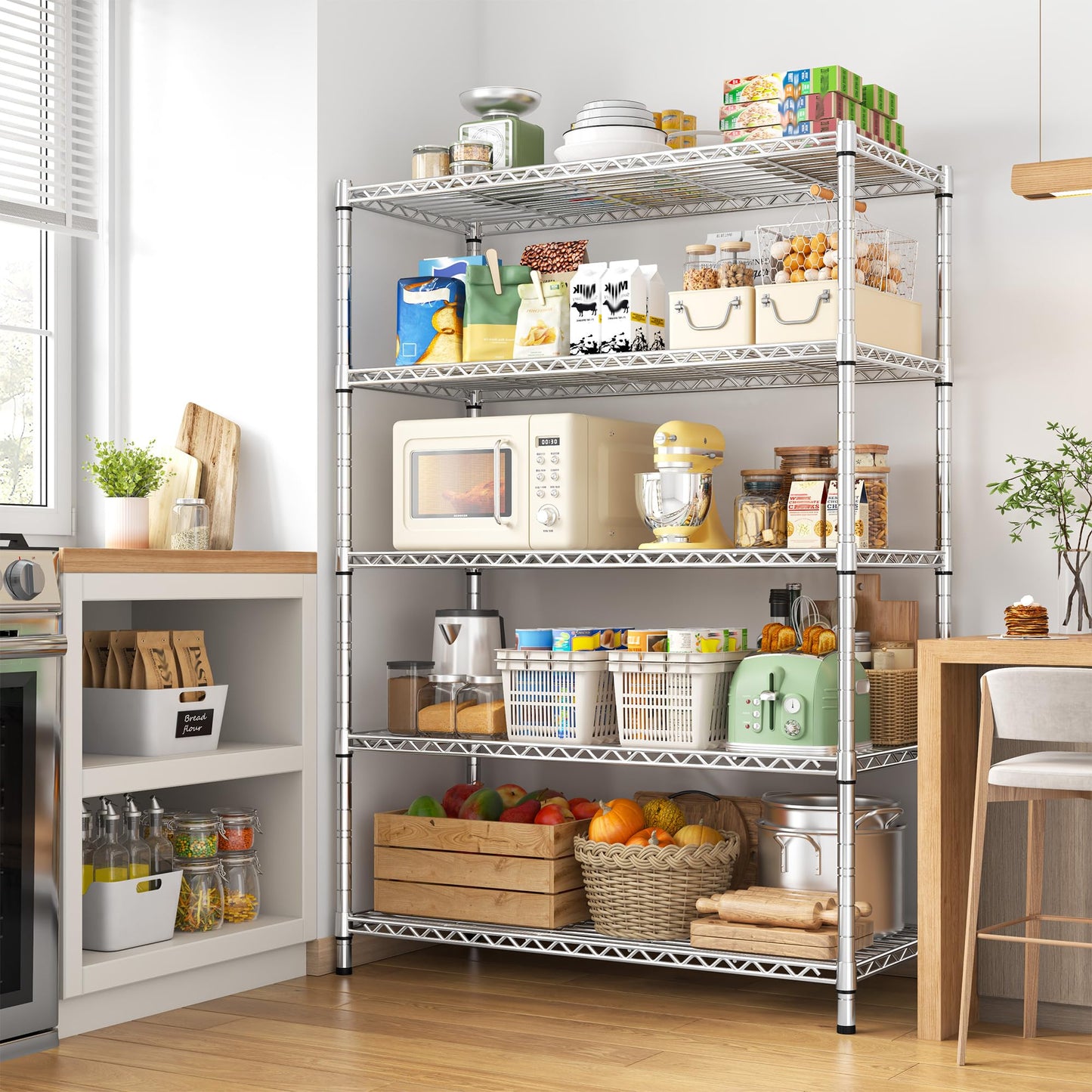 REIBII 73''H Storage Shelves 1660LBS Wire Shelving Unit with Wheels 5 Tier Metal Shelving,Heavy Duty Metal Shelves for Storage Rack,Commercial Industrial for Garage Kitchen 73''HX35''WX15''D,Chrome