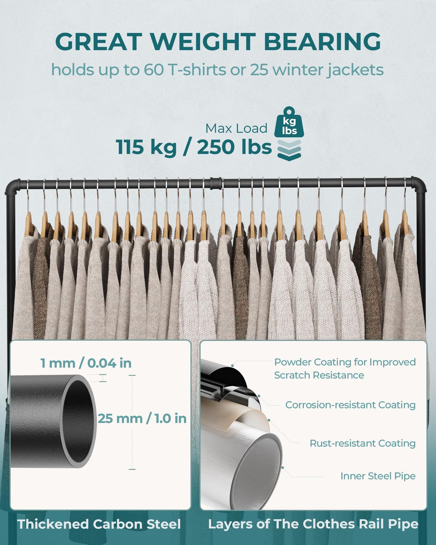 OROPY Industrial Pipe Clothing Rack Free Standing Set of 2, Heavy Duty Detachable Clothes Rack with 4 Stable Feet for Garment Storage Display, Black