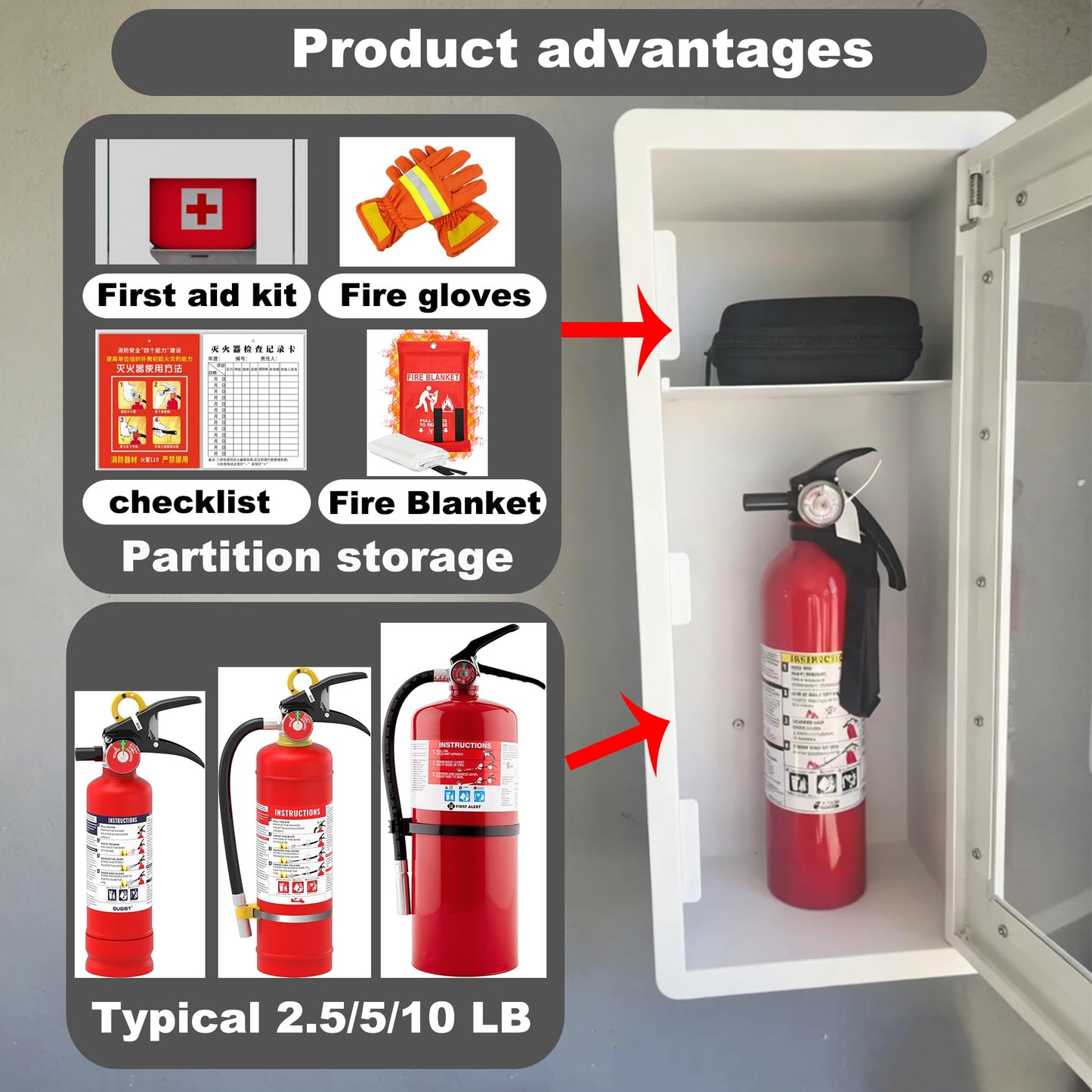 Steel Fire Extinguisher Cabinet, Magnetic Door with Acrylic Window Holds 2.5/5/10 LB Extinguisher & First Aid Kit, Semi-Recessed & Wall Mount Cabinet for Indoor/Outdoor (1PCS, White) (1, White)