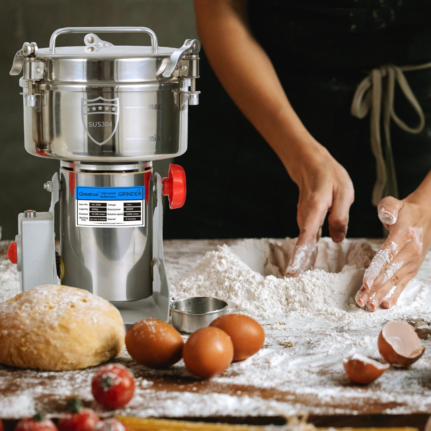 Greatrue 2000g Electric Grain Mill Grinder, 304 Stainless Steel Flour Mill, 3600W High Speed Spice Grinder, Electric Grain Mill for Dry Wheat, Oats, Corn, Pepper and Coffee Beans