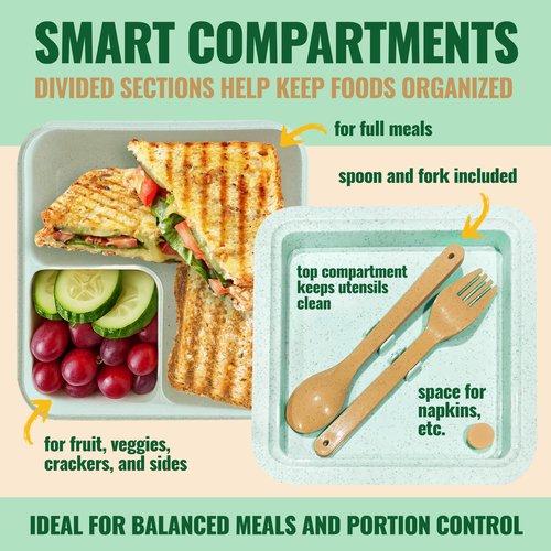 GreenLunch Bento Lunch Box for Kids, Large 2-Compartment, Durable and Microwave Safe, BPA-Free with Utensils, Wheat Straw Bento Box for Kids – Green