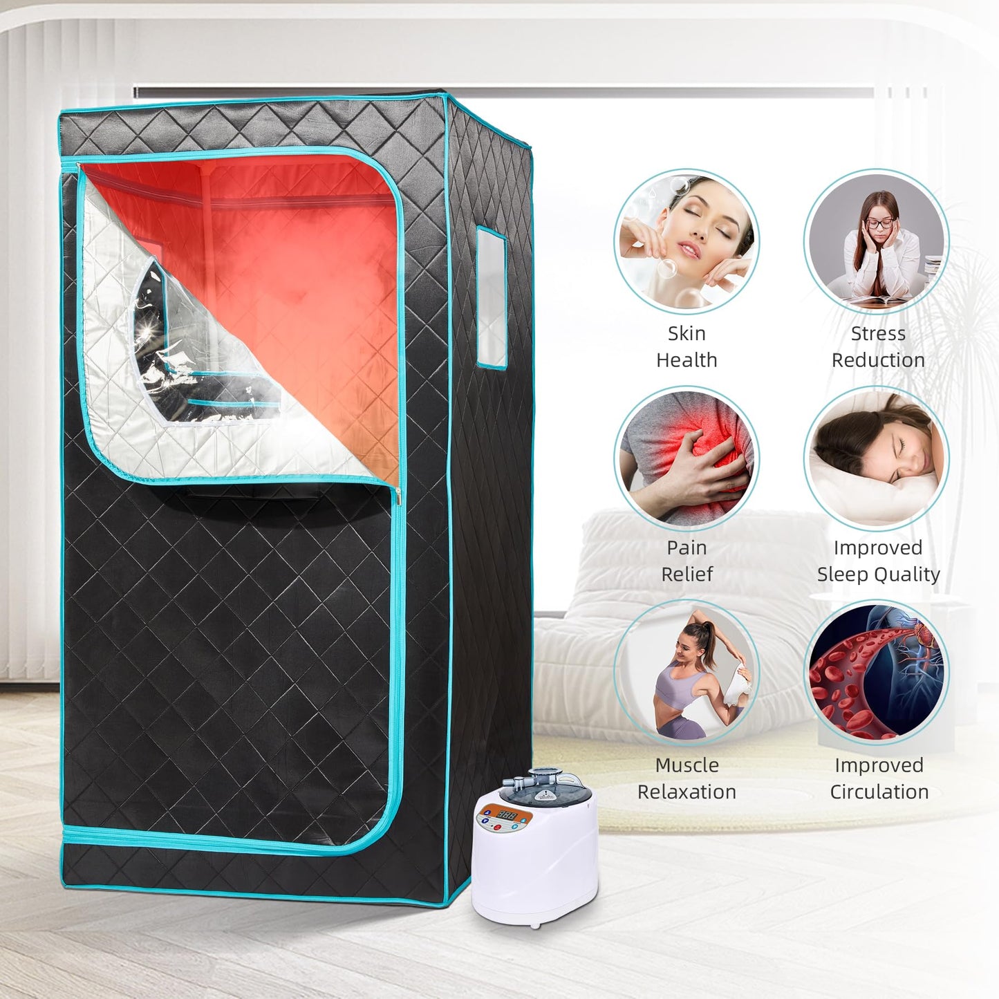 AURGOD Portable Steam Sauna– Red Light Therapy Home Sauna Tent with 3L & 1500W Steamer, Remote Control Time & Temperature Settings, Foldable Chair Included for Relaxation