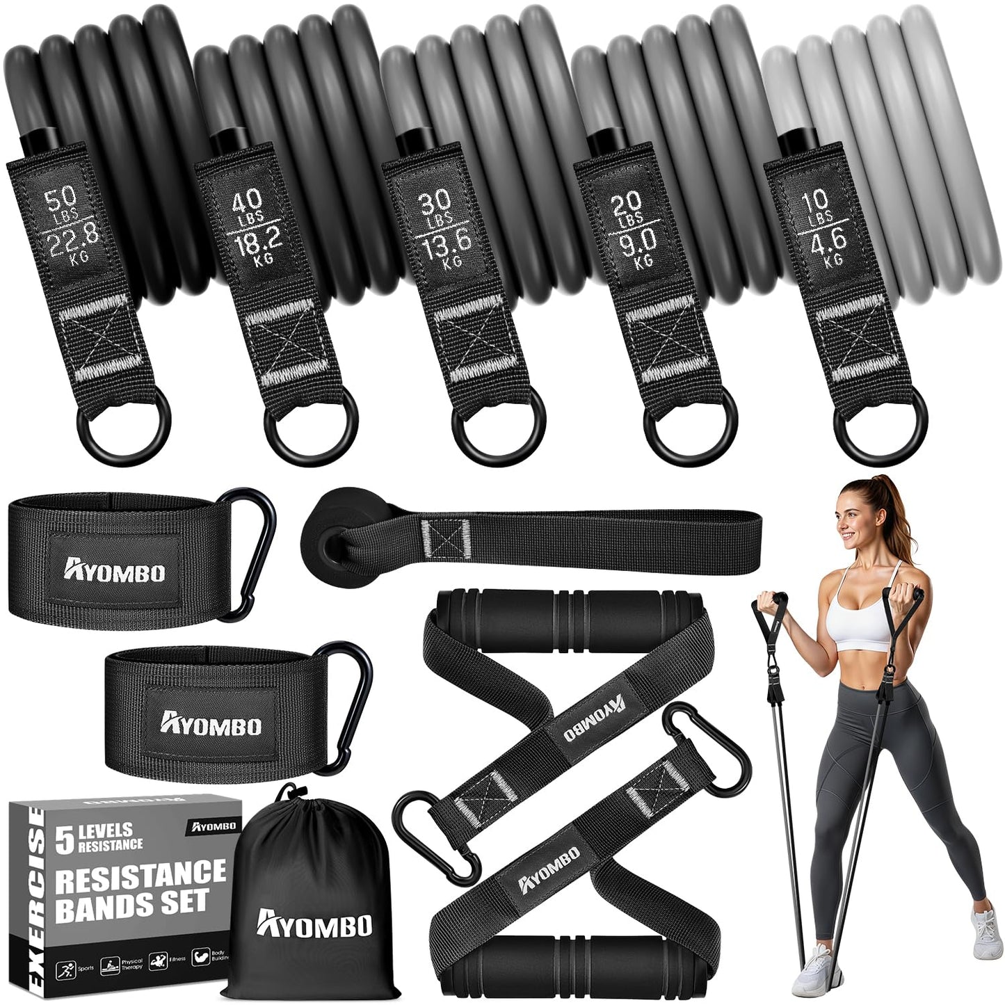 Ayombo Resistance Bands, Exercise Bands with Handles, Resistance Bands for Working Out with Door Anchor, for Heavy Resistance Training, Physical Therapy, Yoga, Home Gym Workouts Equipment