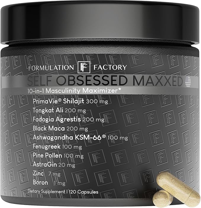 Self Obsessed MAXXED: 10-in-1 Men's Vitality Formula with Shilajit, Tongkat, Ashwagandha, Maca, Fadogia, Fenugreek, Pine Pollen, Zinc, Boron & AstraGin® - 120 Capsules ??2-Month Supply (1 Pack)