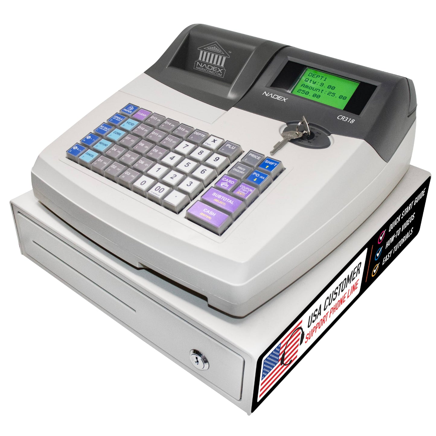 Nadex CR318 POS Cash Register, Thermal Printer, Steel Drawer, Multi-Clerk Support, White