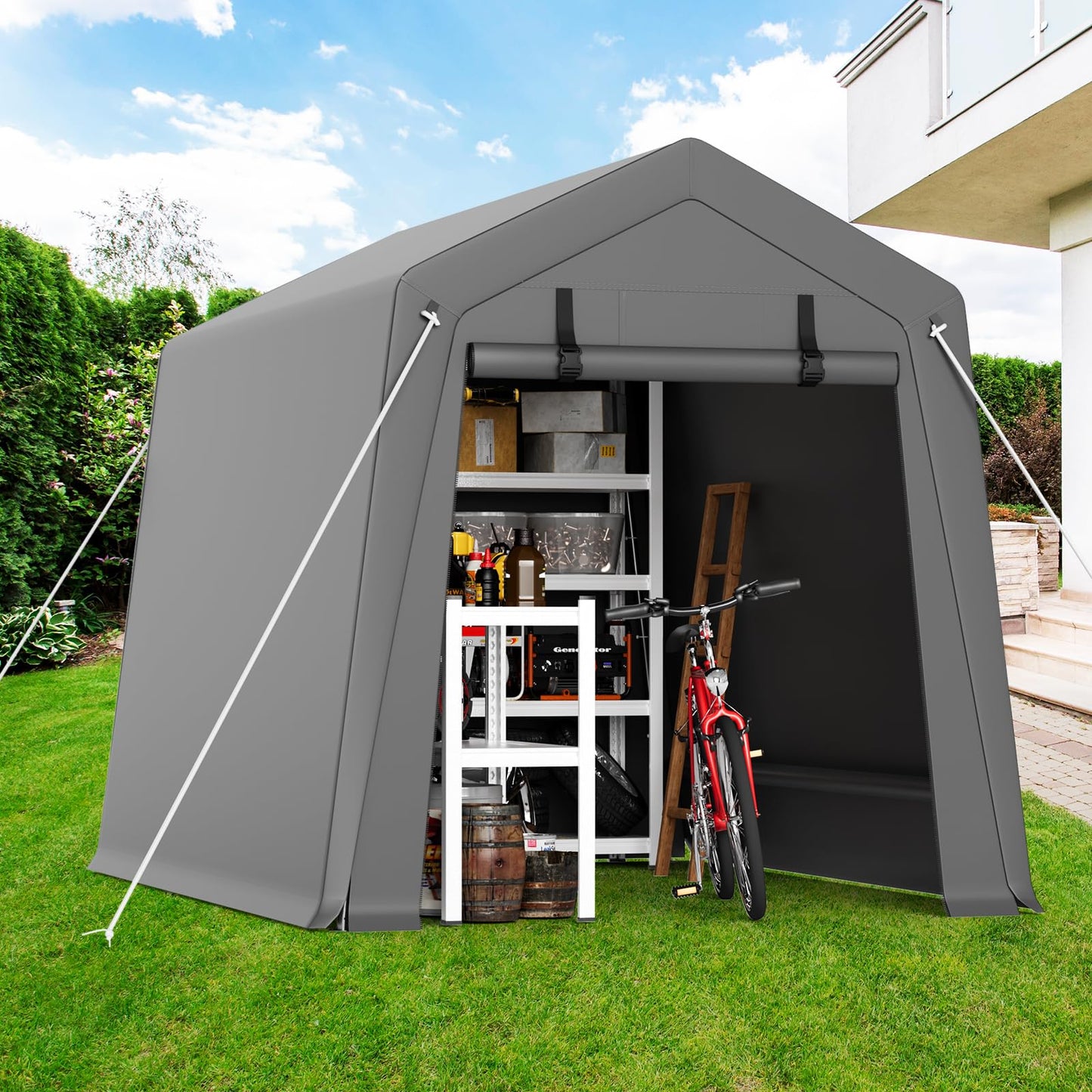 Hipicute 6'x6' Outdoor Portable Storage Shed, Waterproof & UV-Resistant Garage Shelter with 2 Roll-Up Zipper Doors, Anti-Snow Carport Tent for Motorcycle, Bike, and Outdoor Equipment, Gray