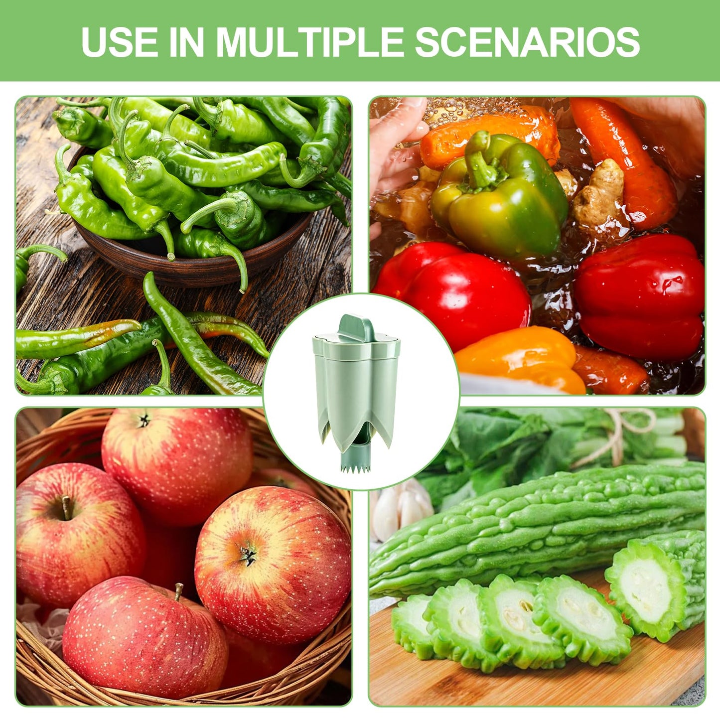 Pepper Corer,Chili Seed Remover Tool,Durable ABS Kitchen Gadget for Bell & Chili Peppers, 2-in-1 Design, Easy Twist Use, Ideal for Home Cooking, Camping(Green)