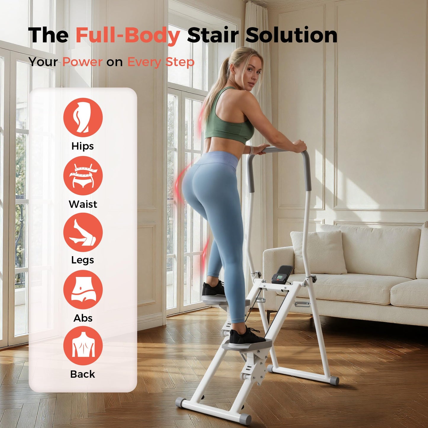 Stair Stepper for Home Gym, Foldable Vertical Climber Workout Machine, 3 levels of adjustable resistance, 350 lbs Capacity Cardio Machine, LCD Monitor, Extended and widened anti-slip footrests (WHITE)