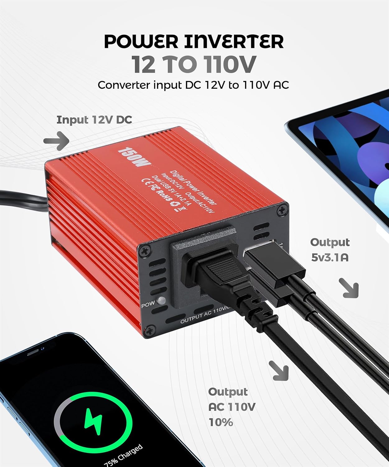 UNLRAE Accessories,150W 3.1A USB,12V 110V Power Inverters for Vehicles,Car Car Power Inverters with Dual DC to AC