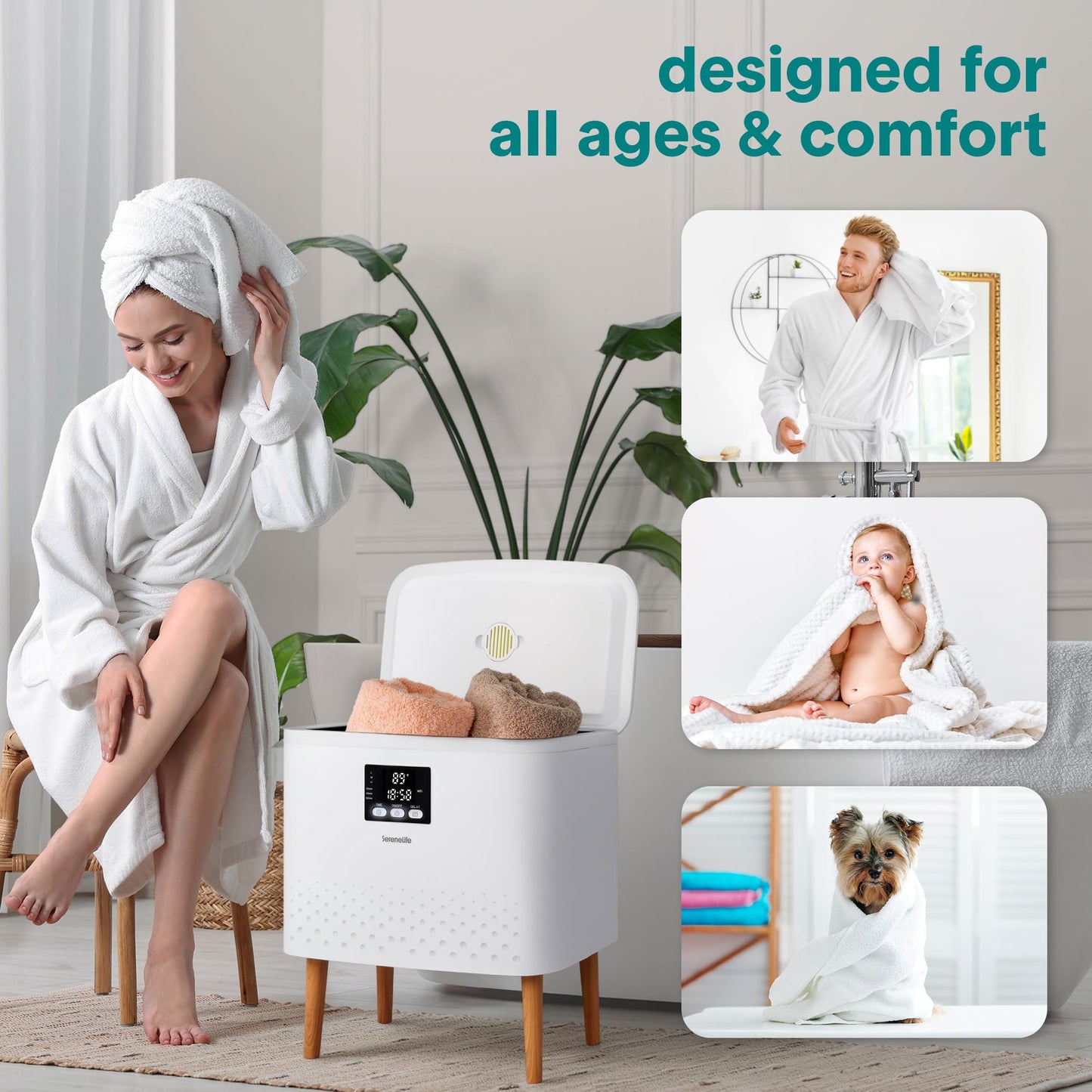 SereneLife WiFi-enabled Towel Warmer Bucket, 20L Large Capacity heater bucket for Towels Blanket and robes, Single-Touch Control, rectangular & Energy-Efficient Design, Auto Shut-Off, White