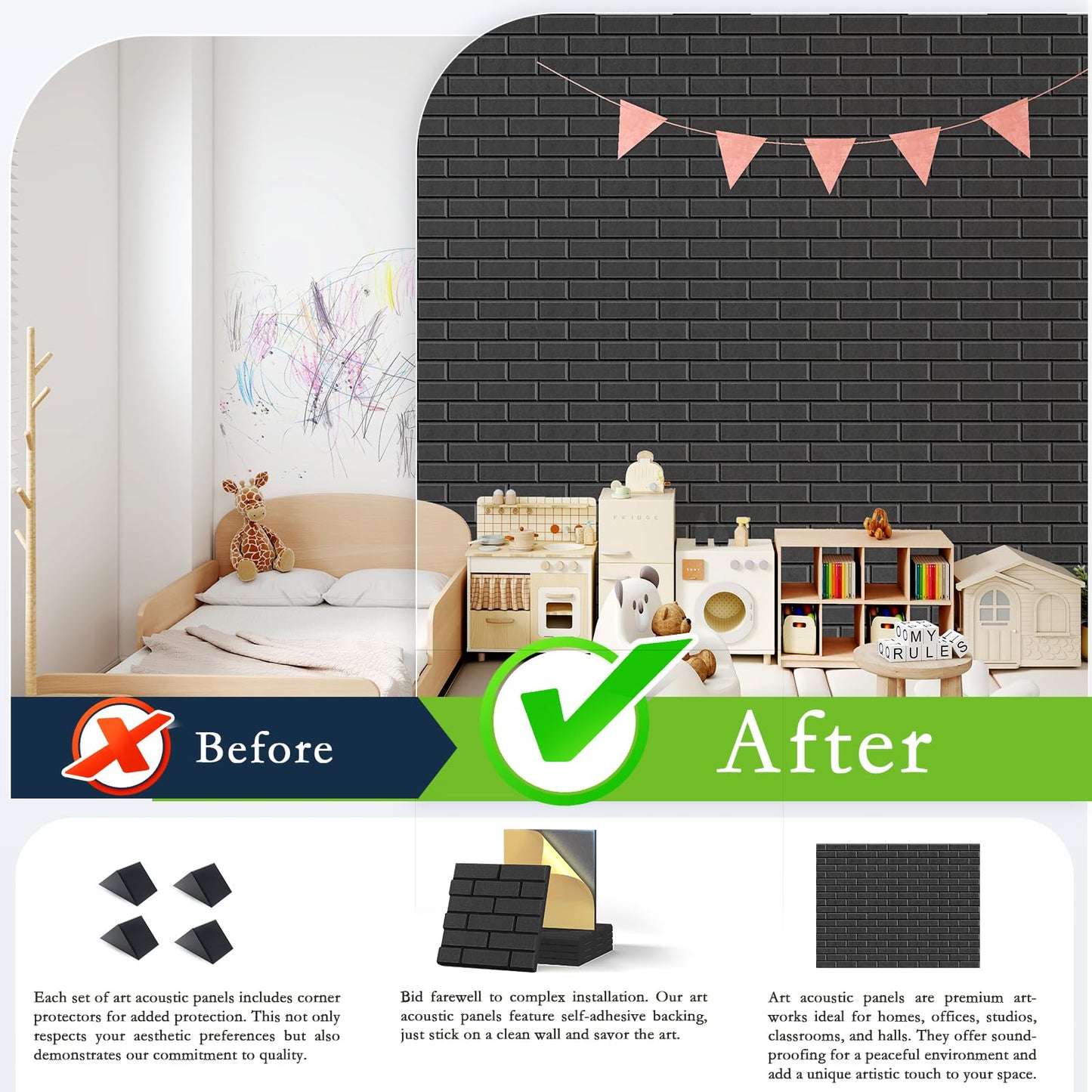 ArtVivid 12Pack Acoustic Panels, 12"×12"×0.4" Self-Adhesive 3D Brick Pattern Sound Proof Panels for Walls, Decorative Sound Dampening Wall Panels for Recording Studios, Offices, Home, Black