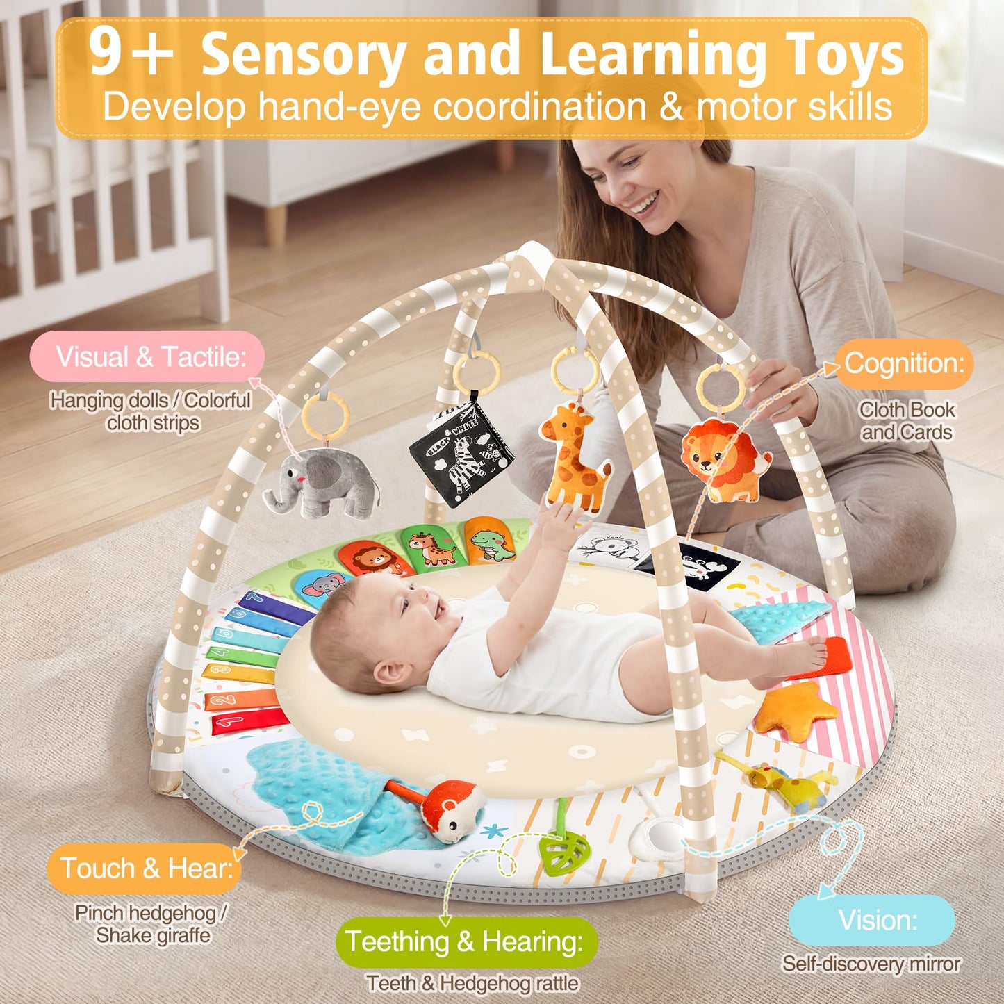 URMYWO Tummy Time Mat - Comfortable Baby Floor Play Mat Activity Gym for 0-3-6-18 Months, 6 Developmental Zones with 5 Detachable Toys for Motor Skills Sensory Development, Baby Essentials Shower Gift