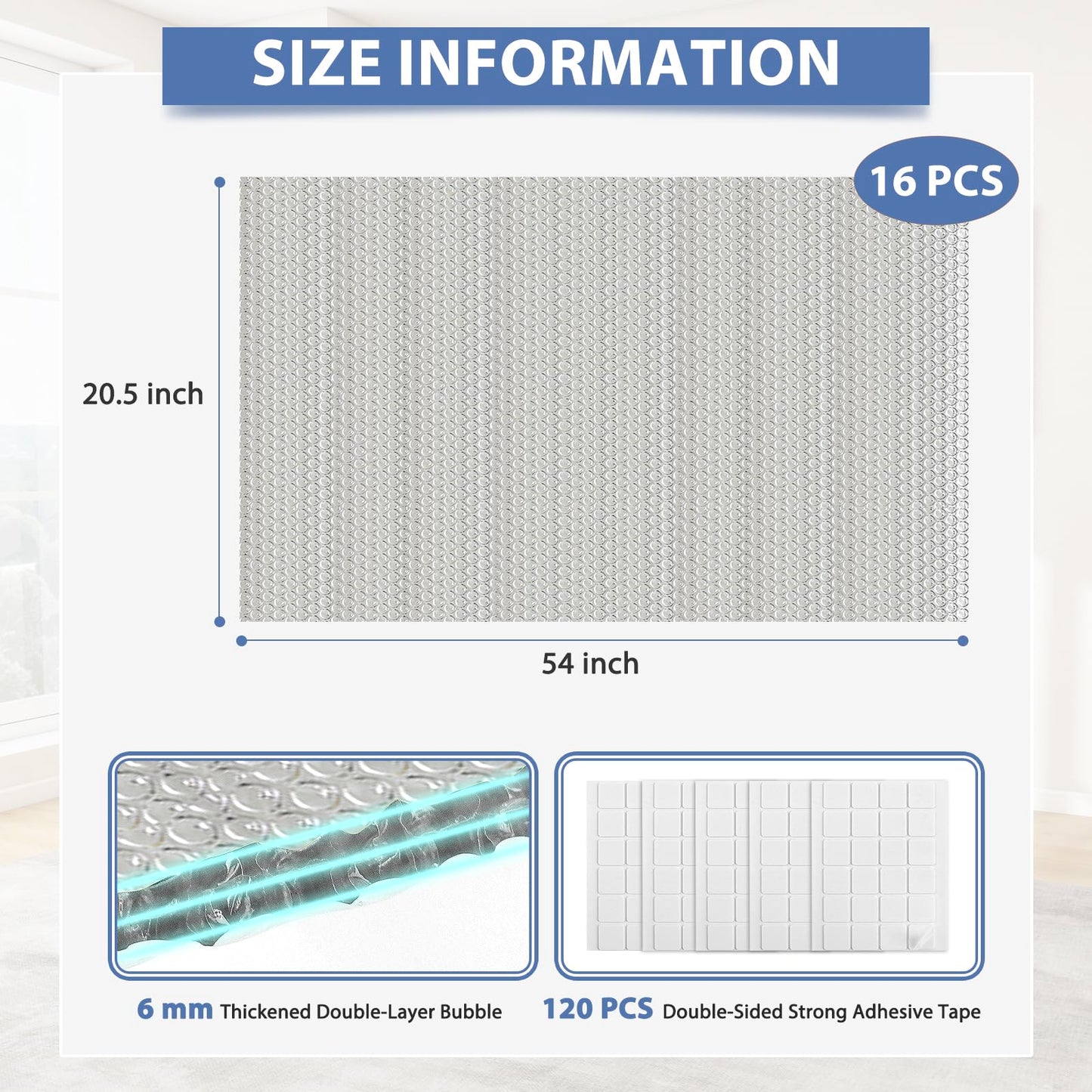 Reflective Bubble Insulation Sheet 6MM Thick Double Bubble Aluminum Foil Shield Garage Door Insulation Panels Kit Radiant Barrier for Windows RV Roof Attic Wall (20.5IN X 54IN, 16 PCS)