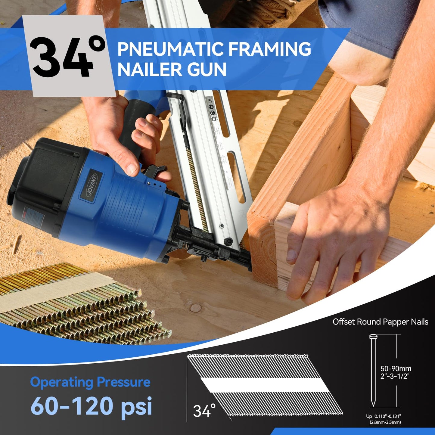 JOVANT Pneumatic Framing Nailer,Pro Preferred Brand of Pneumatic Nailers,Accepts 30-34 Degree 2-Inch to 3-3/8-Inch Offset Round Paper Collated Nails.Finishing Nails Ideal for Framing、Flooring