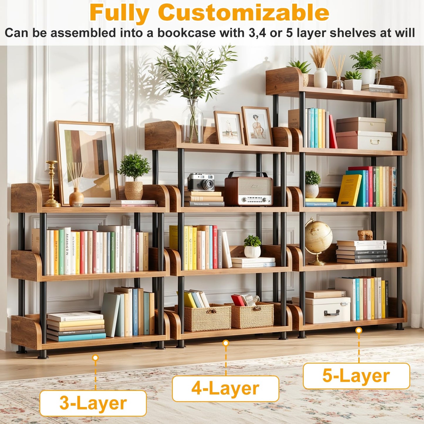 Aheaplus 5-Tier Tall Open Bookshelf, 31.5" Modern Display Bookcase with Top Edge and Pipe Metal Frame, Industrial Standing Book Shelves Metal Storage Rack for Living Room, Home Office, Rustic Brown