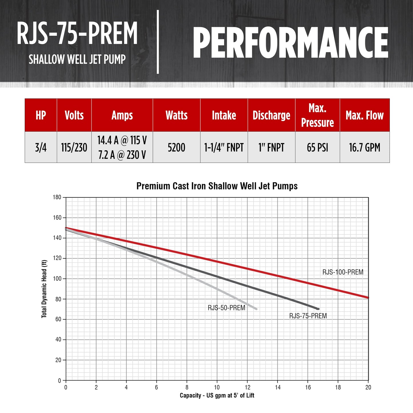 Red Lion RJS-75-PREM 3/4 HP, 16 GPM, 115/230 Volt, Premium Cast Iron Shallow Well Jet Pump, Red, 602207