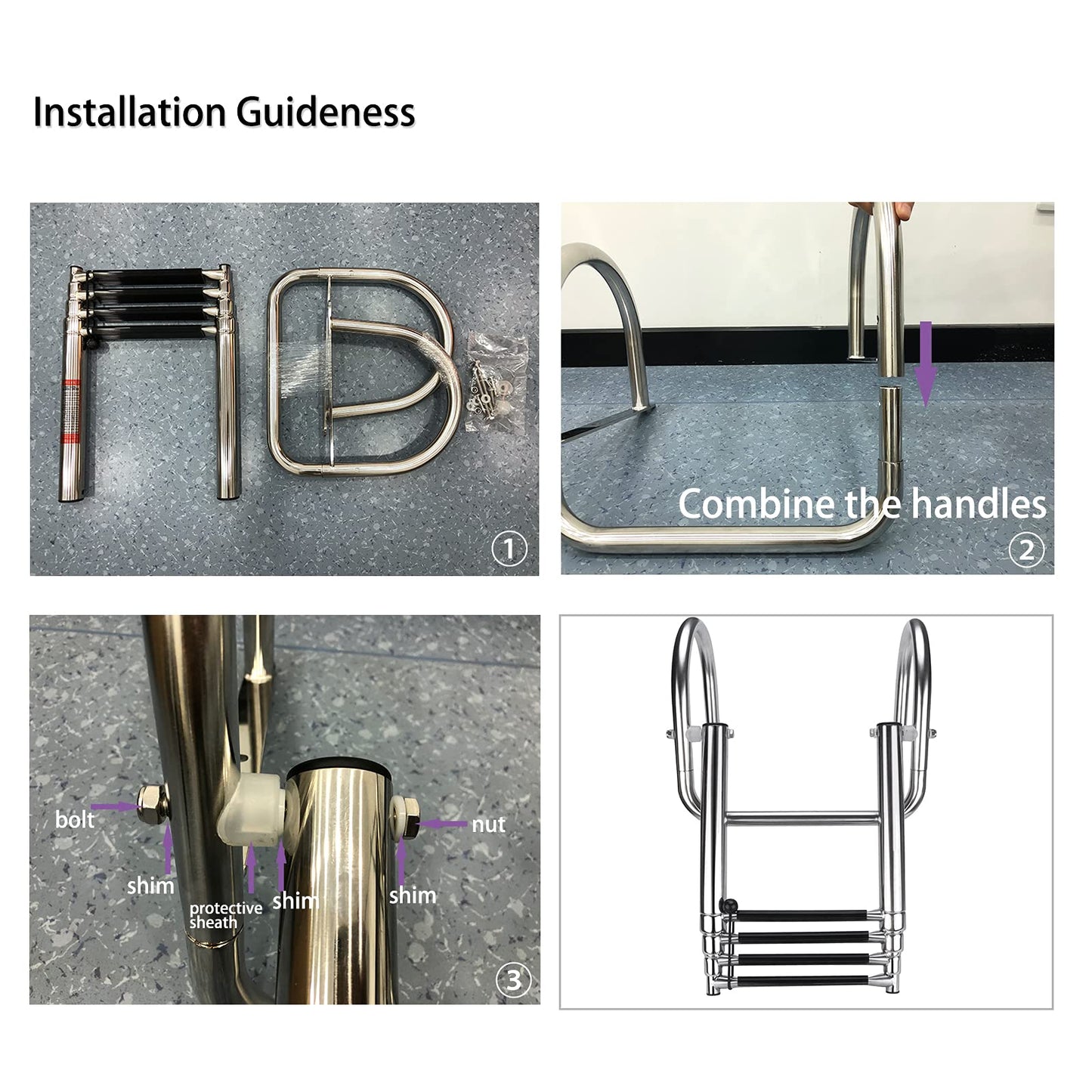 Hoffen 4 Step Pontoon Boat Ladder, Stainless Steel Telescoping Folding Boat Ladder Rear Entry Heavy Duty Custom Inboard with Pedal and Safe Handrails