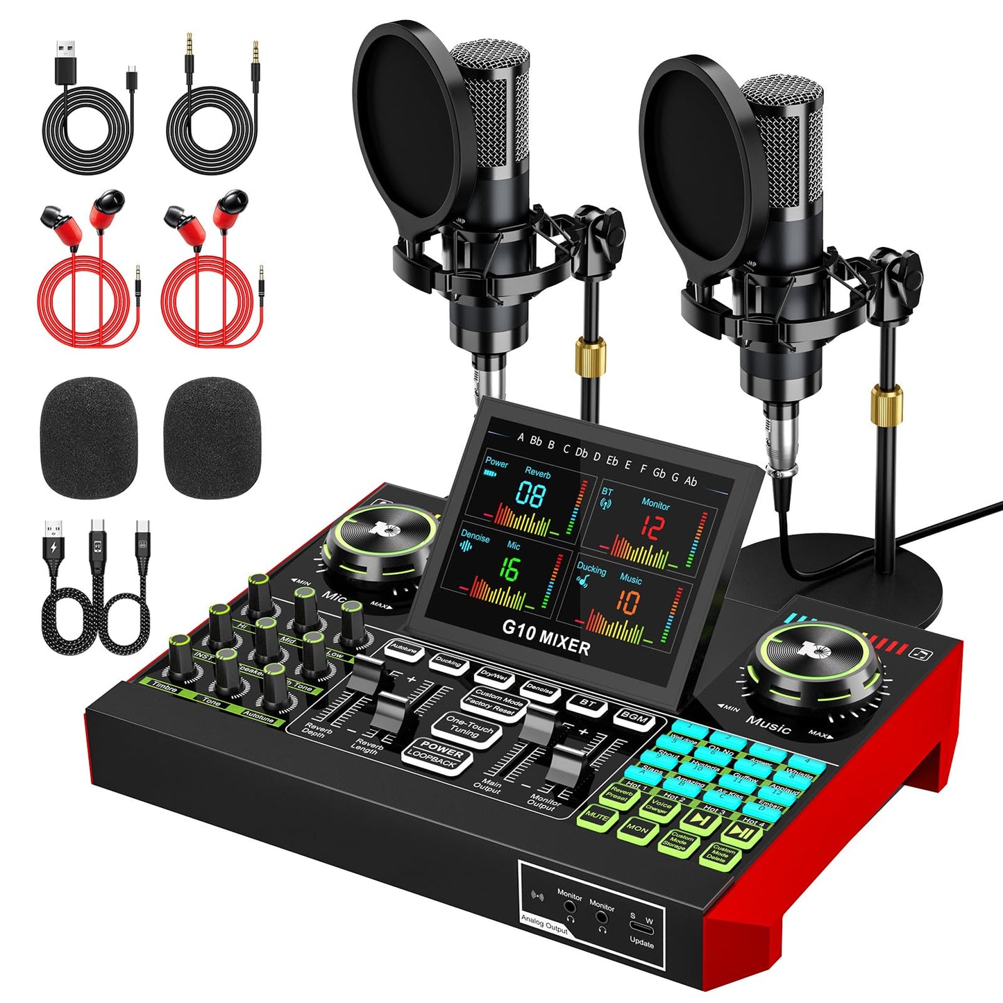 tenlamp G10 Dual Microphone Podcast Equipment Bundle with Live Sound Board Audio Mixer - Two Condenser Mics, Voice Changer, Noise Reduction, for PC/Phone Streaming, Gaming, Singing, Podcast