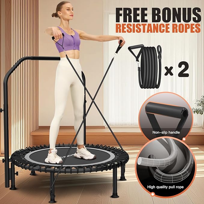 Bungee Rebounder Trampoline,ANCHEER 40" Foldable Fitness Trampoline with 4-Level Adjustable Handlebar, 450LBS Capacity, Resistance Ropes&Upgraded Bungees Safe for Home/Cardio,Workout Indoor/Outdoor
