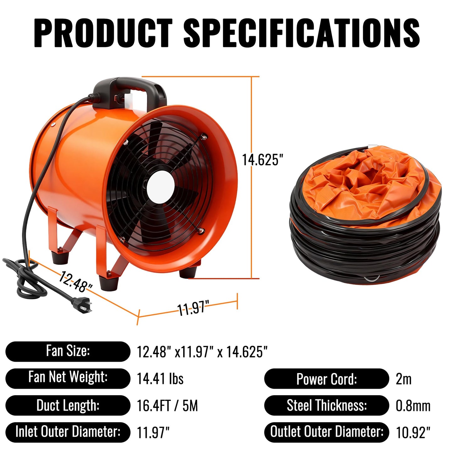 dreamdragon Upgraded 10-Inch Utility Blower Fan，Portable Industrial Exhaust Fan with 16.4ft Flexible Duct Hose，3300 RPM Low-Noise Ventilator for Workshops Warehouses and Basements
