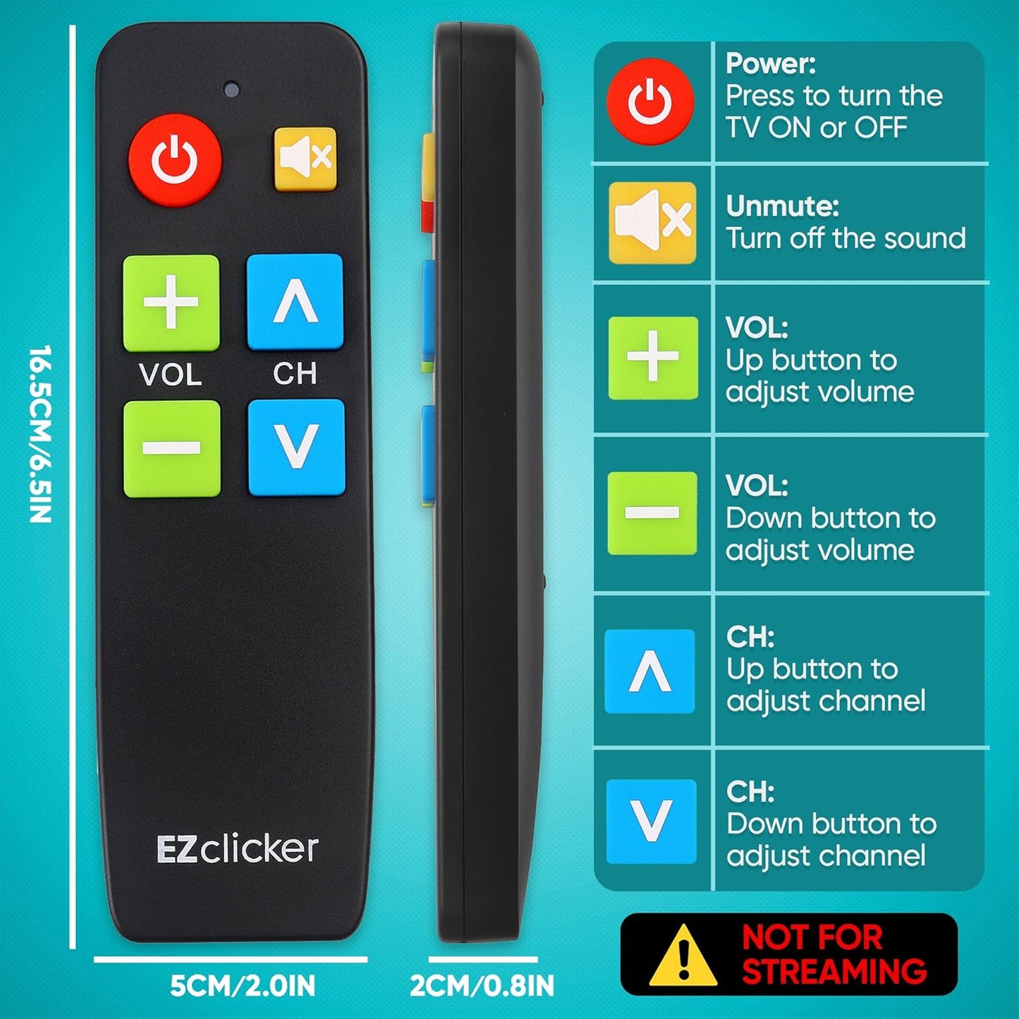 EZClicker (2xAAA TV Remote for Seniors, Extra Simple Big Button Remote (Black) Works with Major TV Brands, NOT