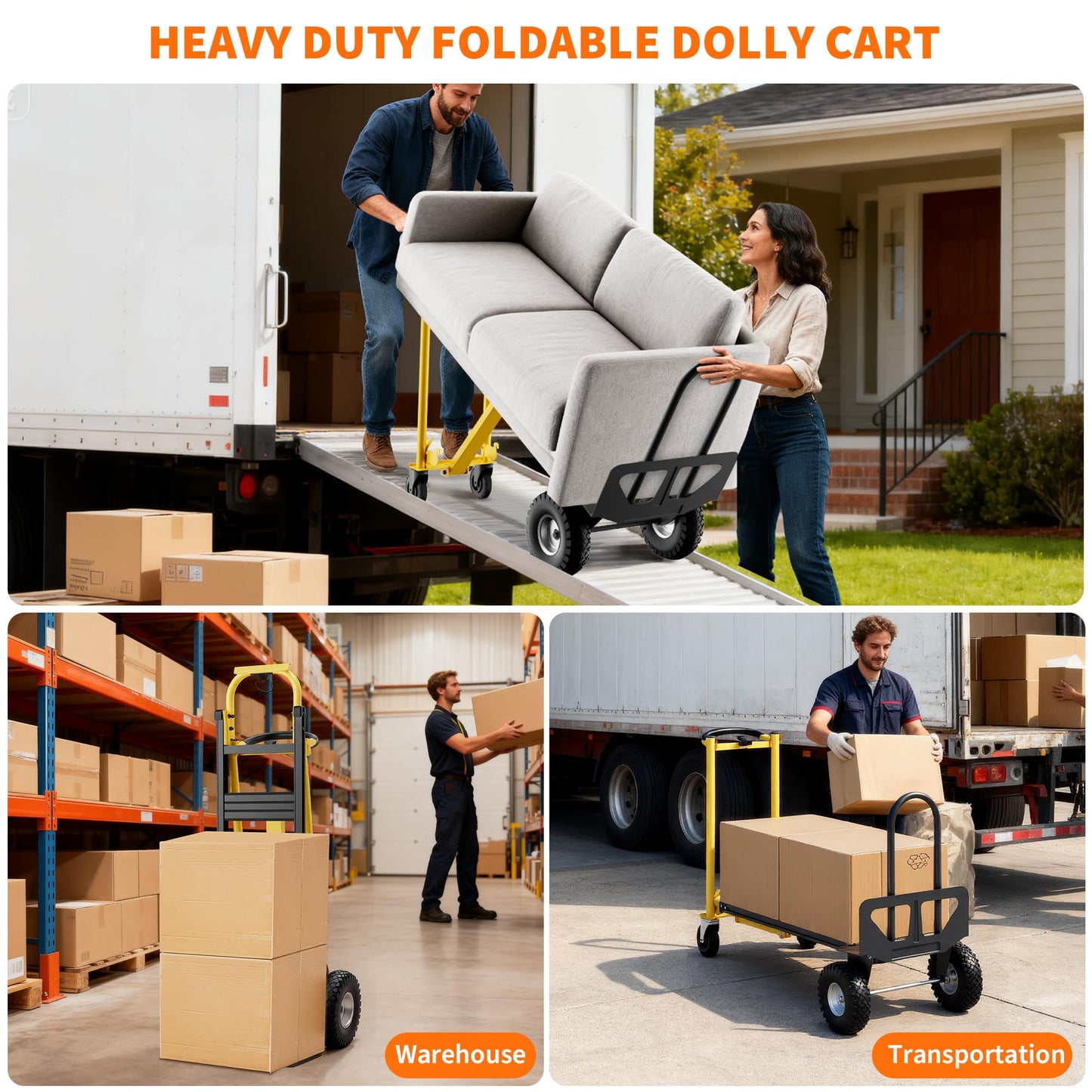 3 in 1 Dolly Cart with Wheels, 800Lbs Capacity, Heavy Duty Folding Hand Truck, Rolling Utility Cart for Transport and Moving in Home, Office, Warehouse, Supermarket