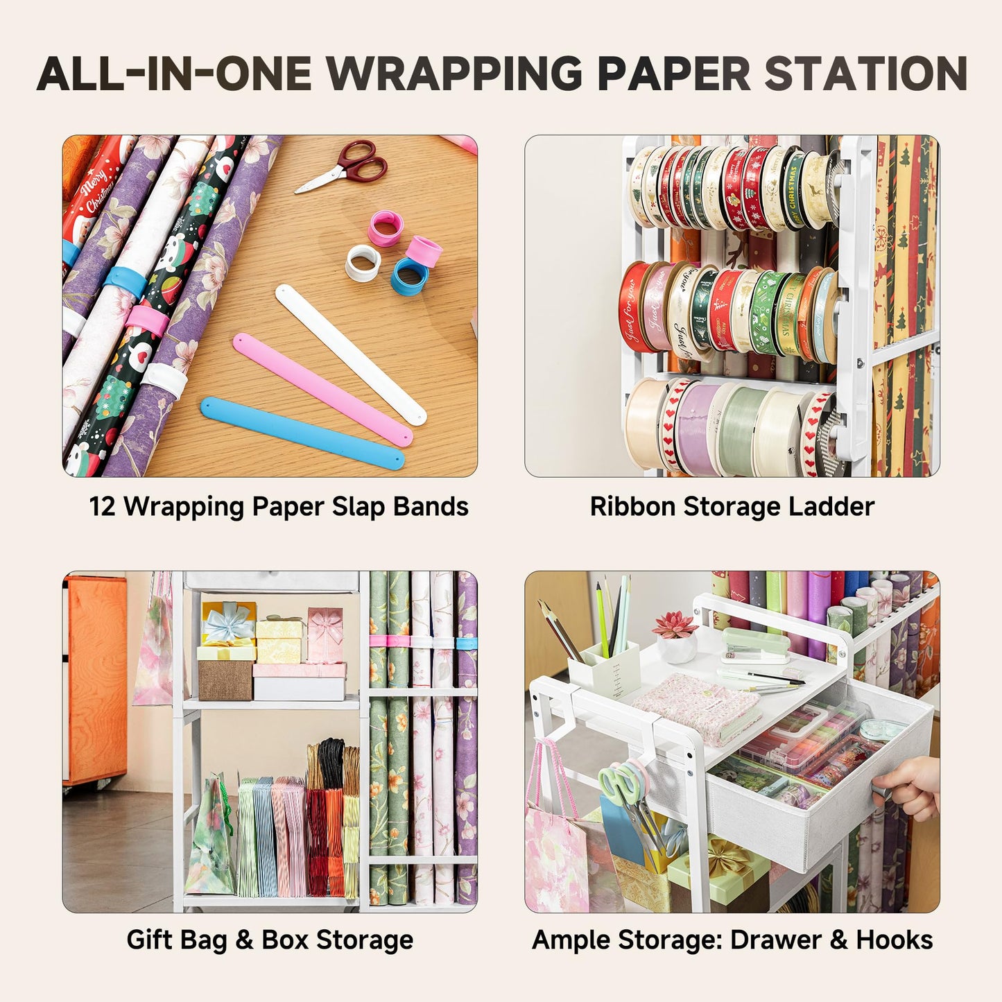 Aquzee Wrapping Paper Storage, Rolling Gift Wrap Station, 9 Adjustable Rod Design, Vertical Wrapping Paper Storage Cart, Ribbon Organizers and Gift Bag Storage, 12 PCS Slap Bands, White