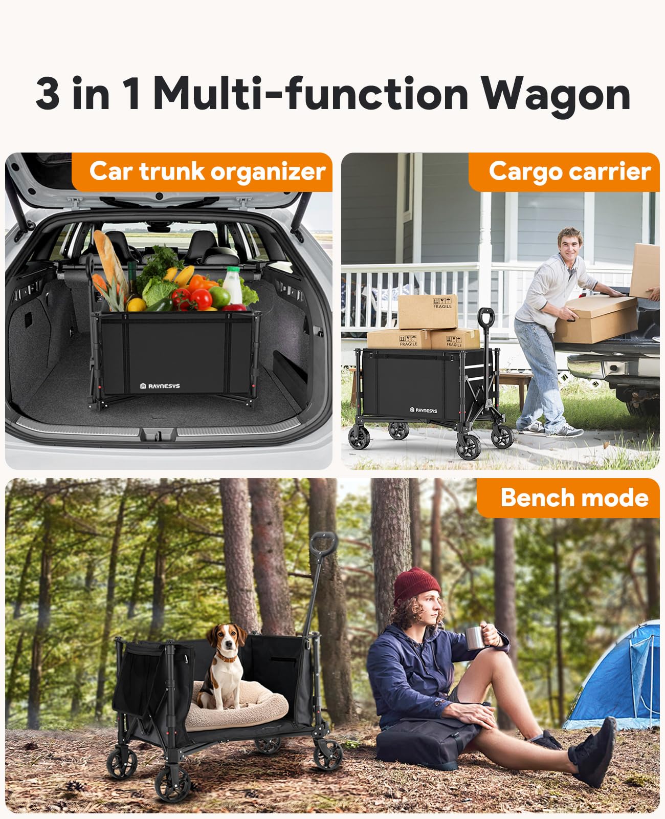 Raynesys 3 in 1 Collapsible Wagon Converts to Bench, 220lbs Foldable Wagon Cart with Wheels, 120L Shopping Cart for Groceries Folding Utility Wagon for Beach, Garden, Camping, Sport, Black