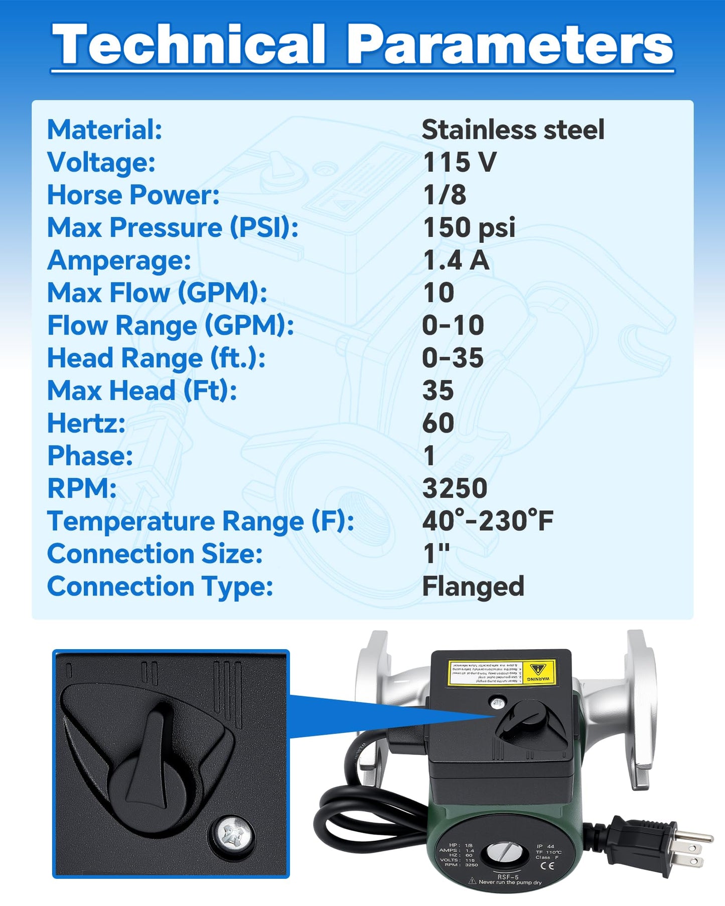 009-SF5 Water Circulating Pump Compatible with Taco Flanged High Velocity Cartridge Circulator Pump, 1/8 HP 115V 3250RPM 10GPM 150PSI, Replace# 009SF5