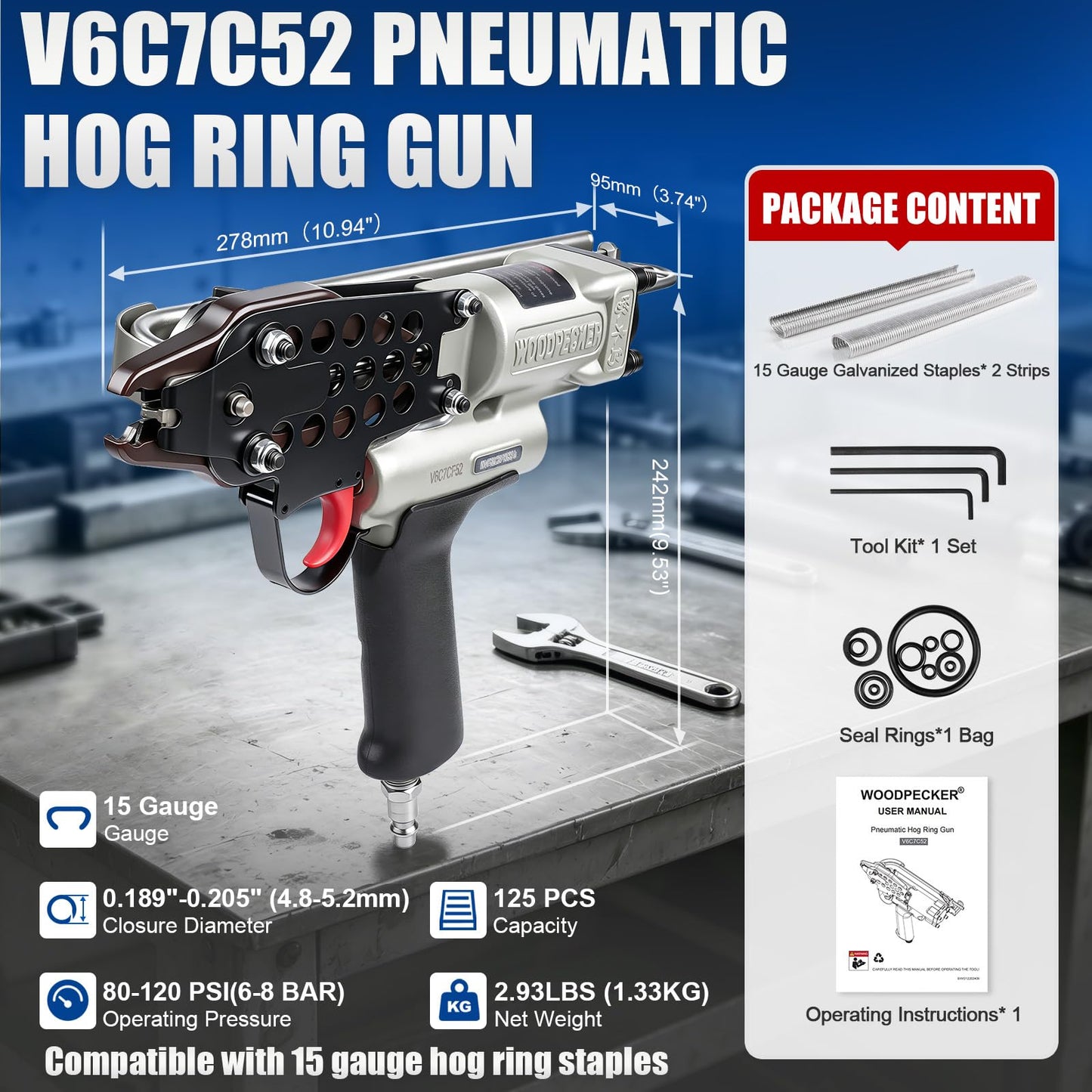WOODPECKER V6C7CF52 3/4-Inch Pneumatic Hog Ring Gun 15 Gauge 0.205"-0.228" Closure Diameter with Stainless Steel Magazine, Air Hog Ring Plier for Fencing, Cages, Spring Mattress