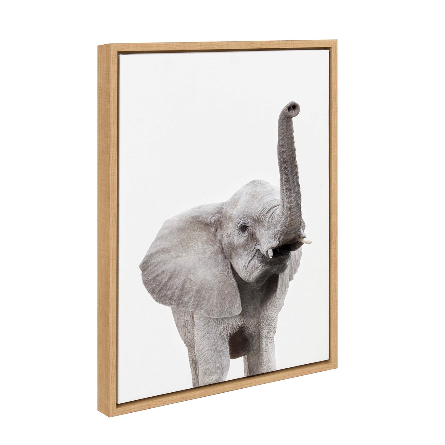 Kate and Laurel Sylvie Elephant with Raised Trunk Animal Print Portrait Framed Canvas Wall Art by Amy Peterson, 18x24 Natural