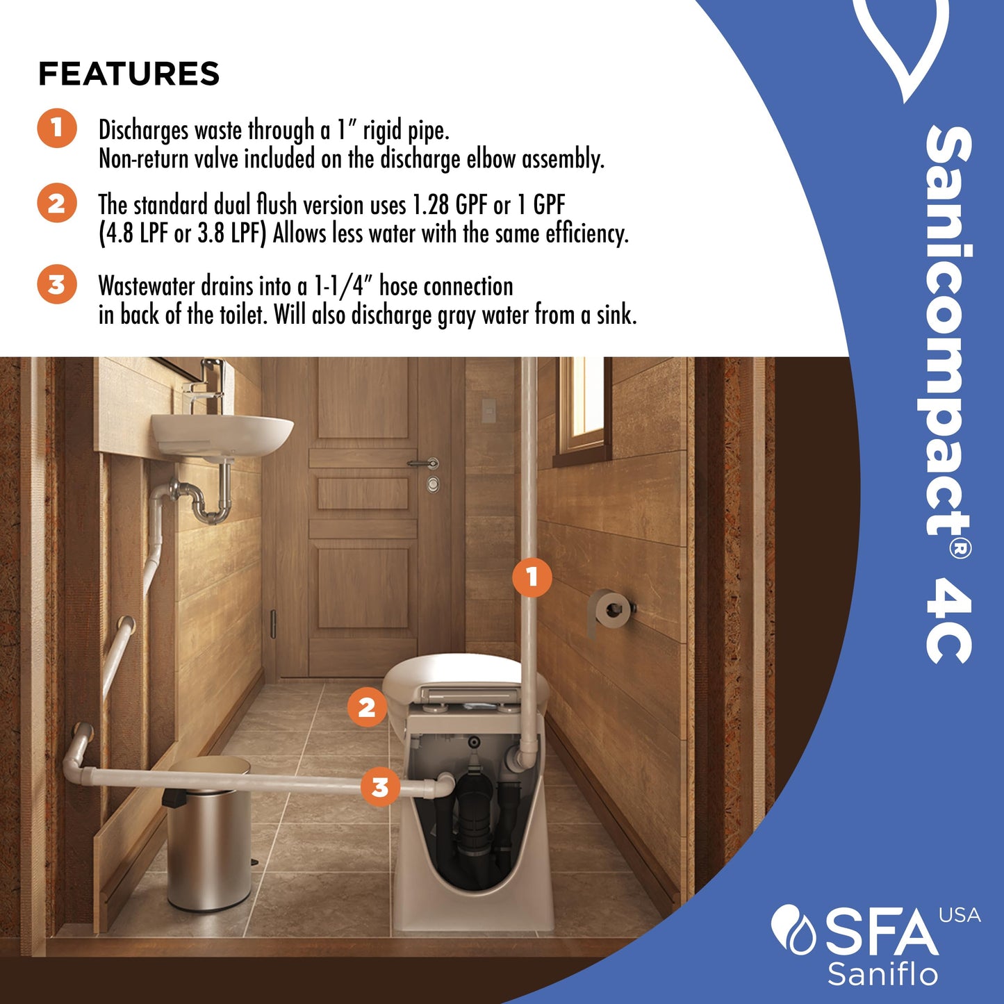 SFA SANIFLO - Sanicompact - 4C Dual-Flush Macerating Toilet - Space-Saving Half Bathroom Solution - Soft-close Toilet Seat Included - Certified CSA (IPC, NSPC) - Made In France