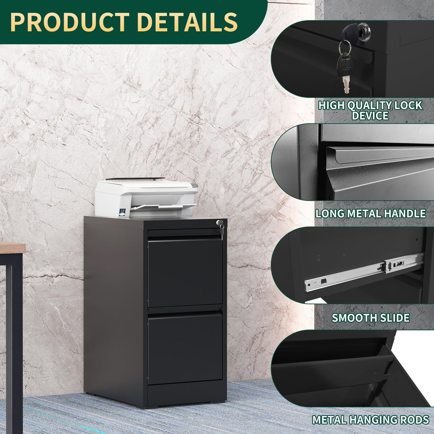 FOSTOKO 2 Drawer File Cabinet with Lock, Steel Vertical Filing Storage Cabinet for Home Office, Heavy-Duty File Cabinets for Letters/Legal/A4 (Require Assembly, Black)