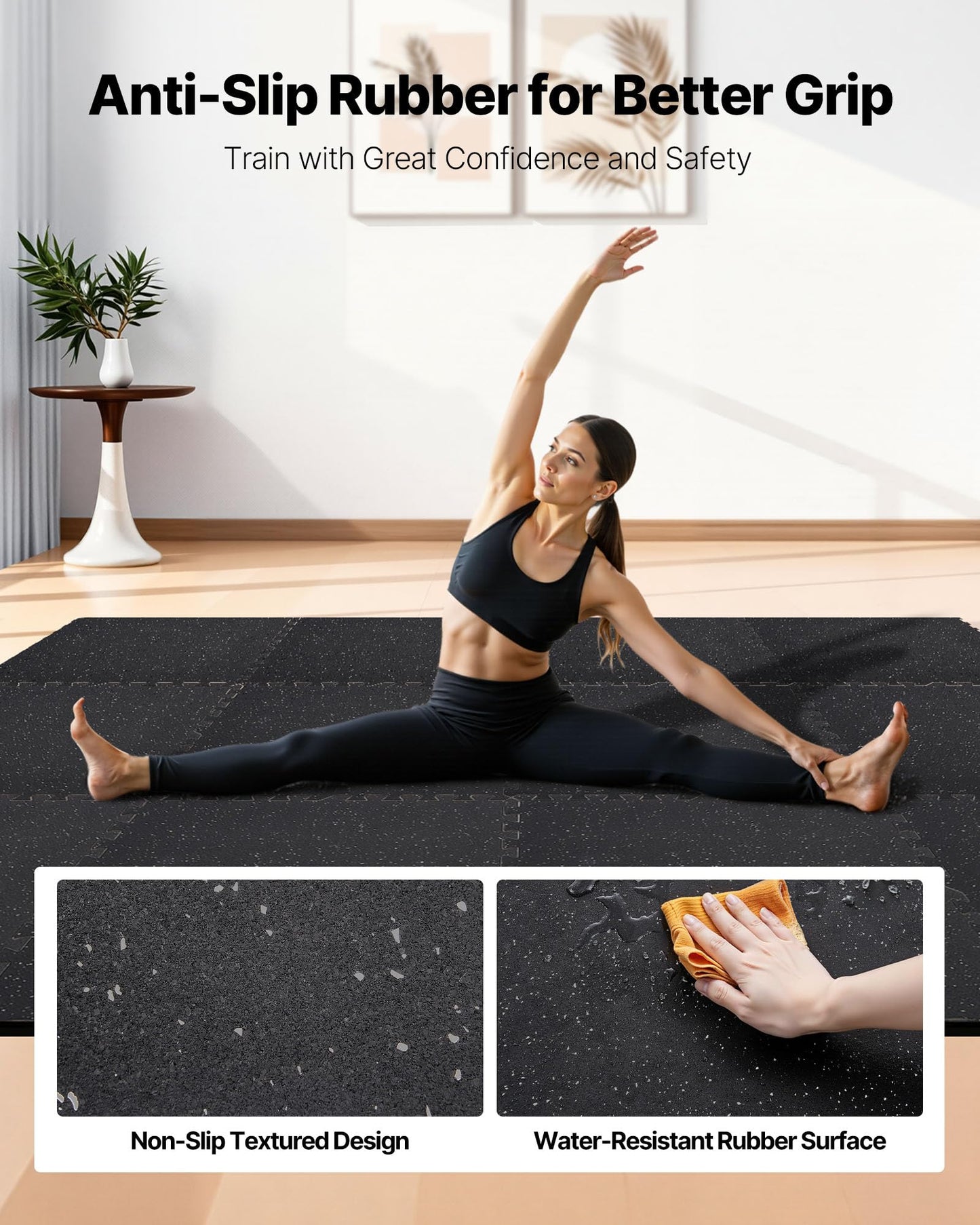 VEVOR 0.56Inch 96sq.ft 24 Tiles Gym Flooring for Home Gym, Rubber Top with High Density EVA Foam, 24 x 24In Gym Floor Exercise Equipment Mats, Interlocking Gym Mats, Puzzle Workout Mats, Black & Gray