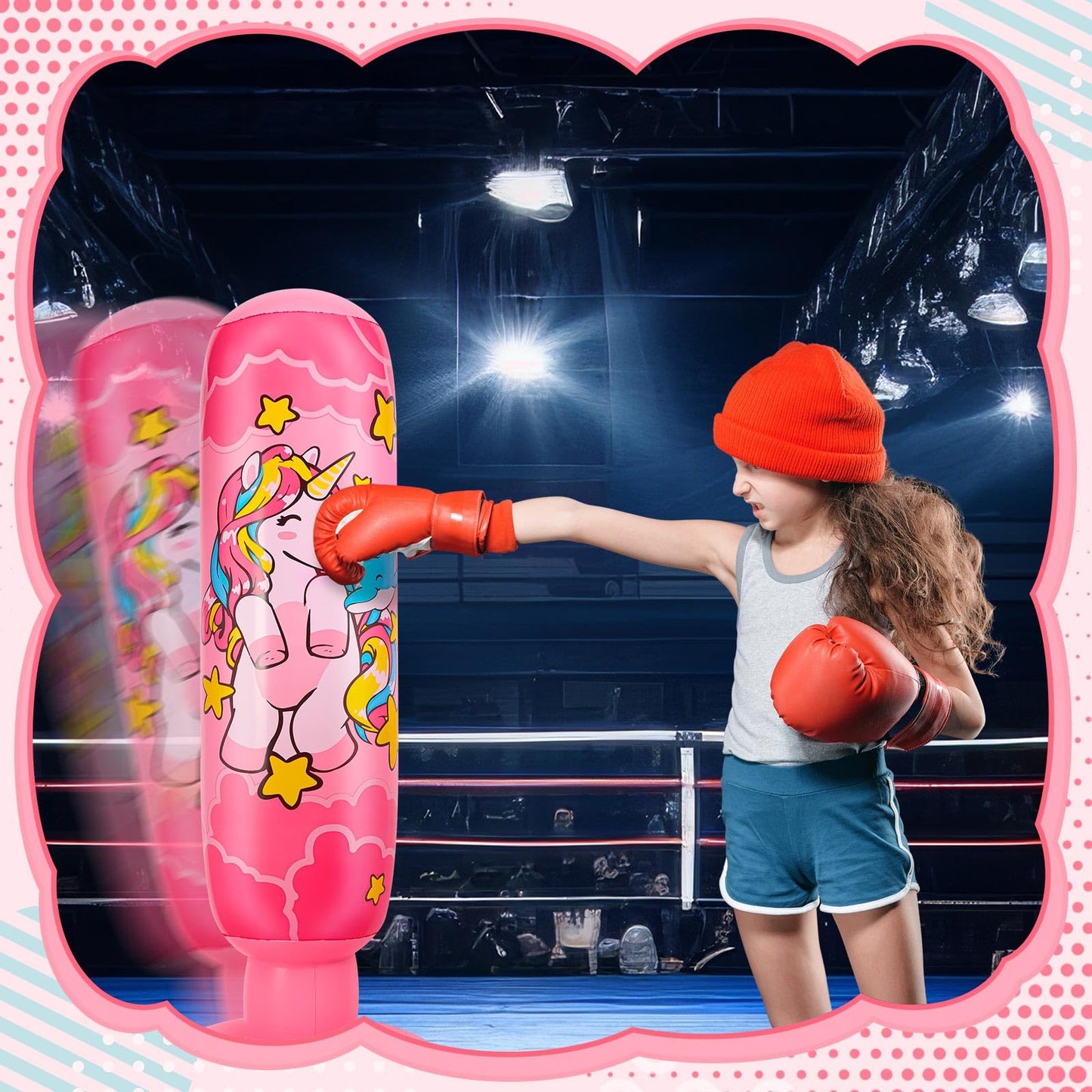 Vinsatin 2 Pcs 47" Kids Punching Bag Girls Stable Inflatable Boxing Bag Unicorn Heavy Punch with Instant Bounce Back Movement Kids Workout Equipment Karate Gifts for Girls Karate Taekwond