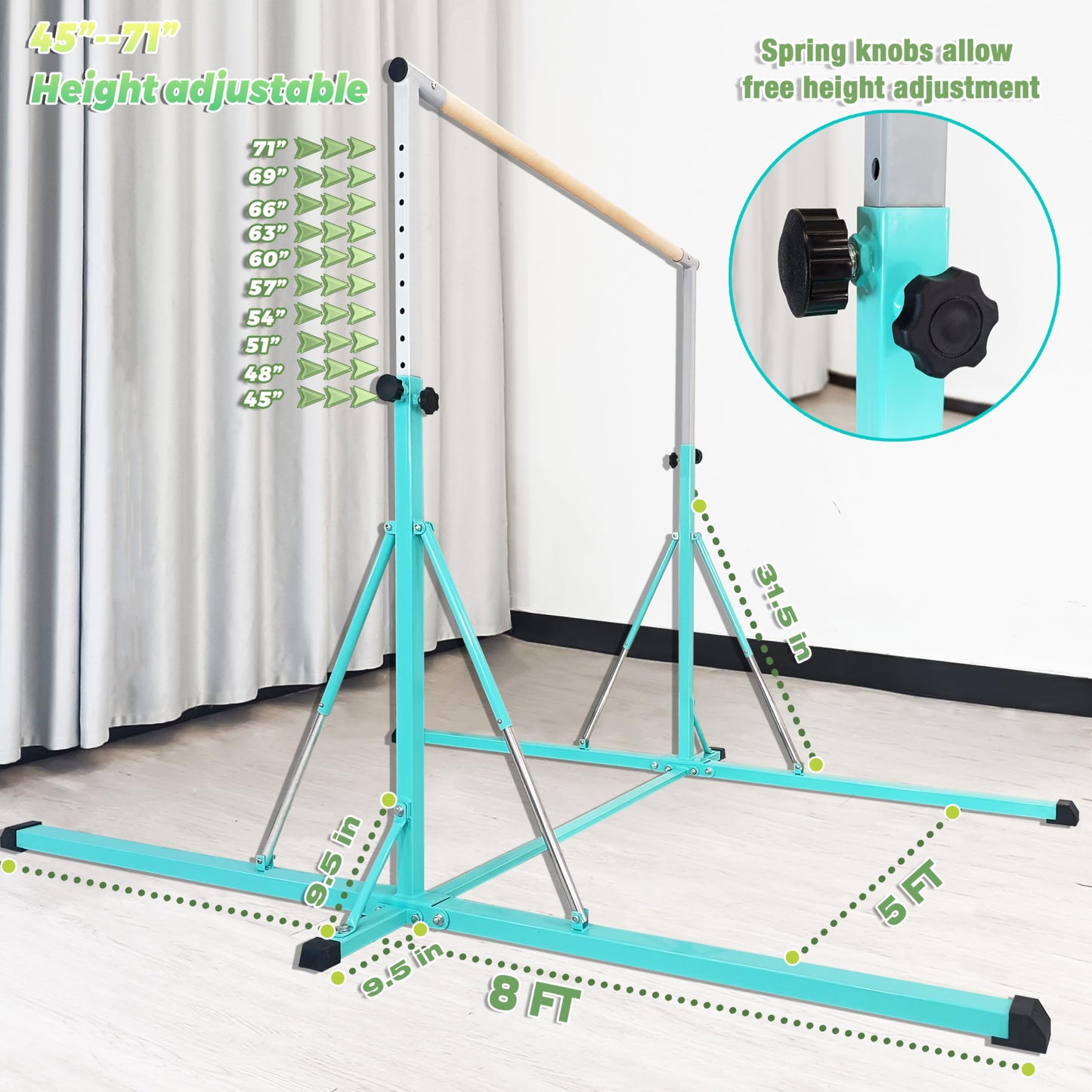 Gymnastics Bar, 5'10” Base length 45" to 71" Adjustable Horizontal Bar for Serious Training, 500 LBS Capacity, Professional Home Gym Equipment with Competition-Grade Beech-covered Fiberglass Bar