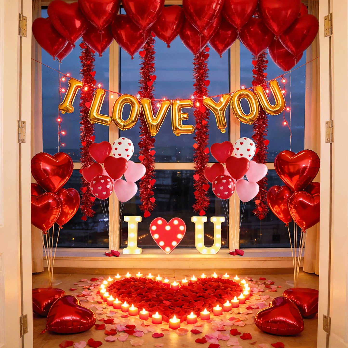 Ultimate Valentines Day Romantic Decorations Special Night for Bedroom with 33FT Lights,5000 Rose Petals and Candle Set for Hotel Room Home Decor,Valentine Anniversary I Love You Balloon&Letter Sign